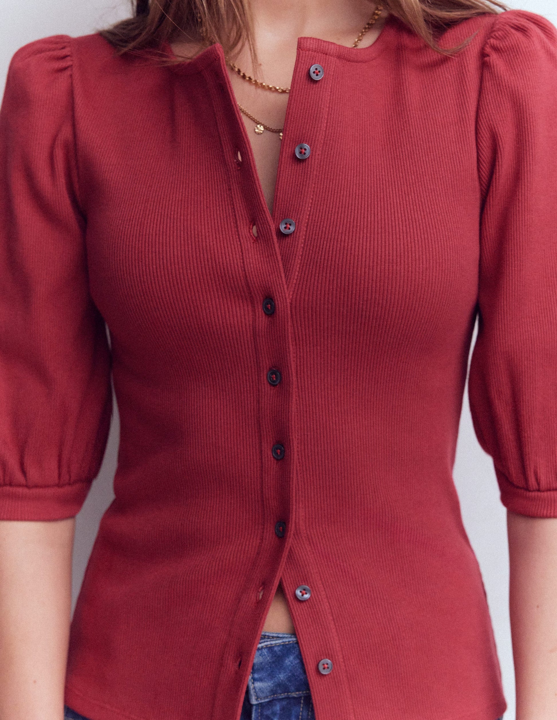 Evie Ribbed Puff Sleeve Top-Terracotta Red-2