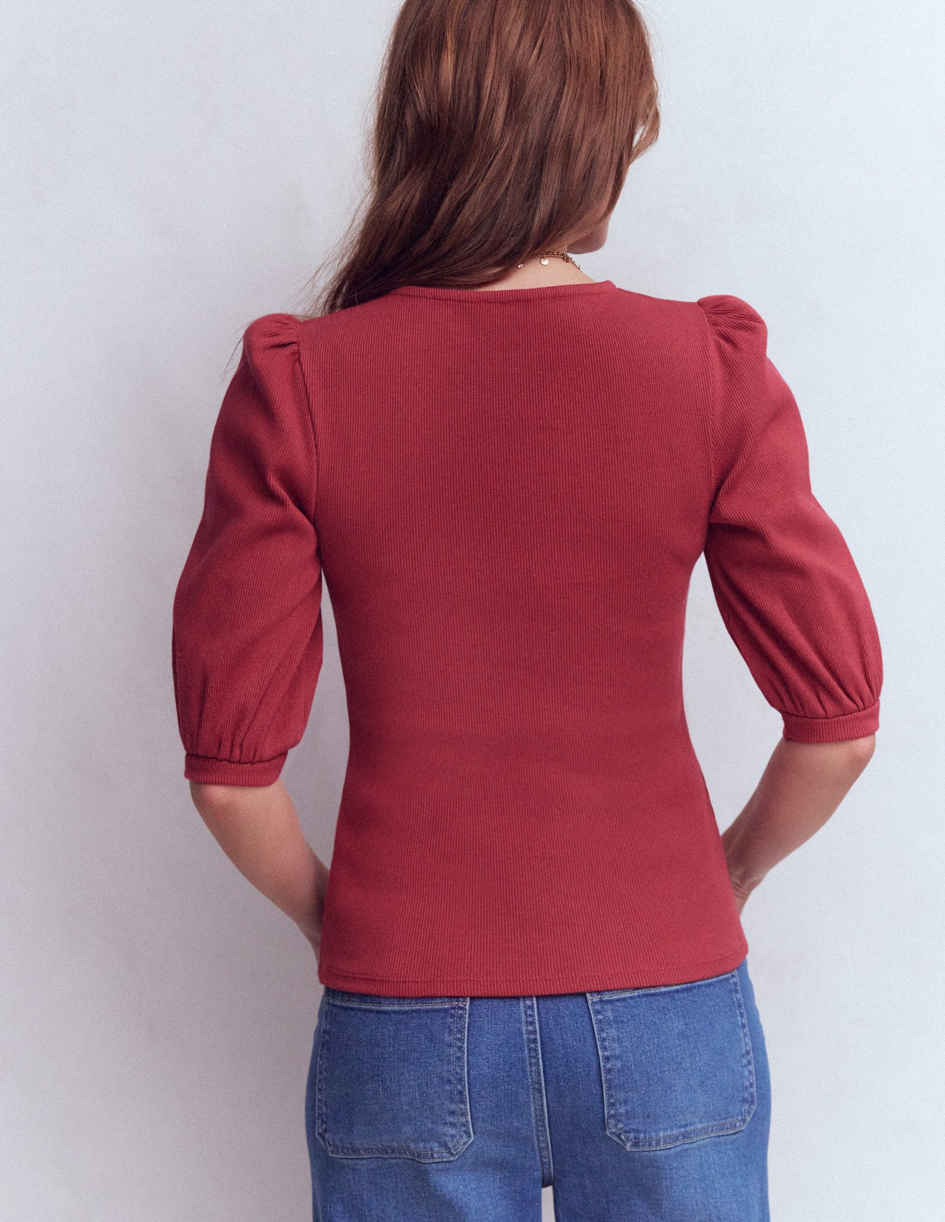 Evie Ribbed Puff Sleeve Top-Terracotta Red-3