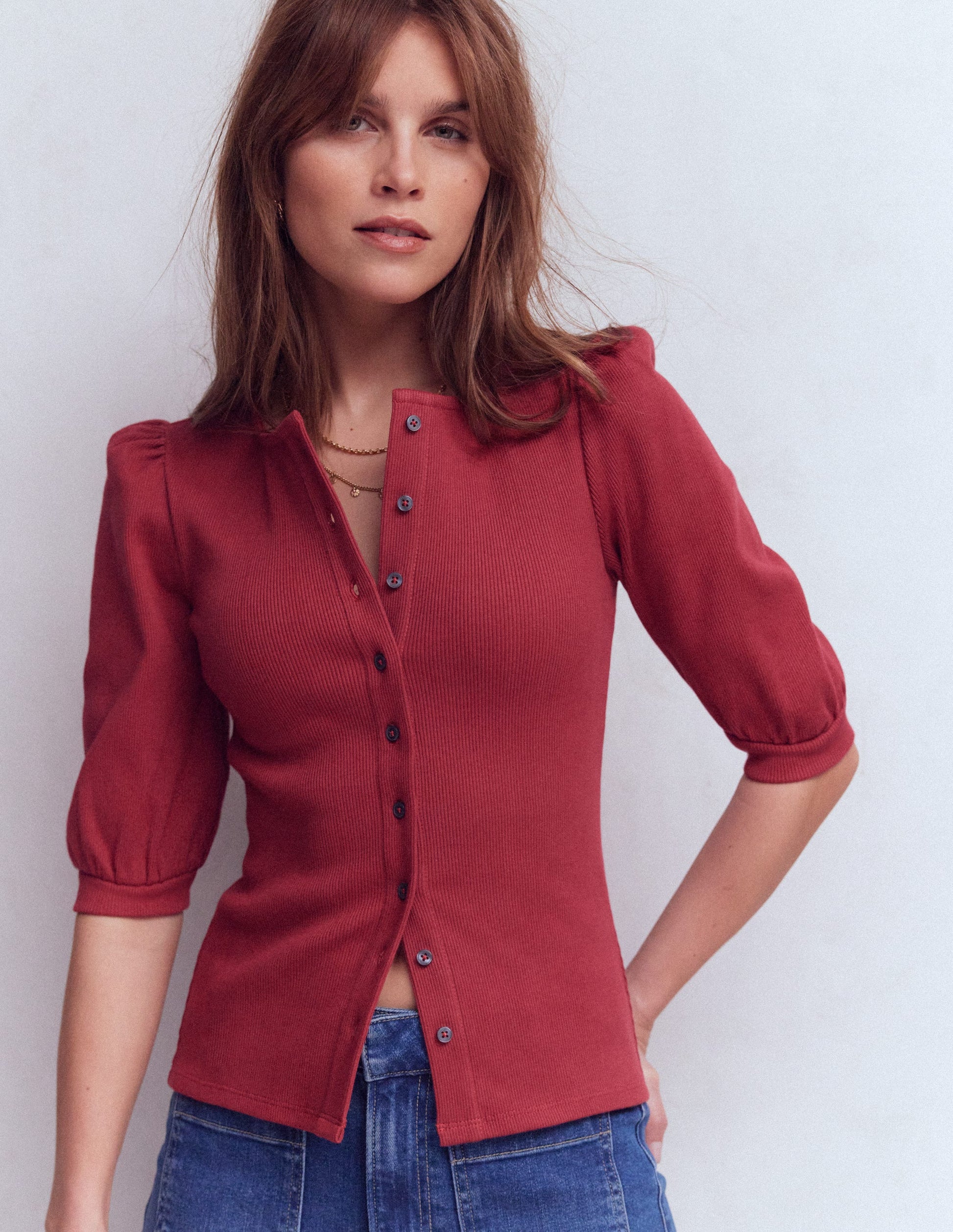 Evie Ribbed Puff Sleeve Top-Terracotta Red-5