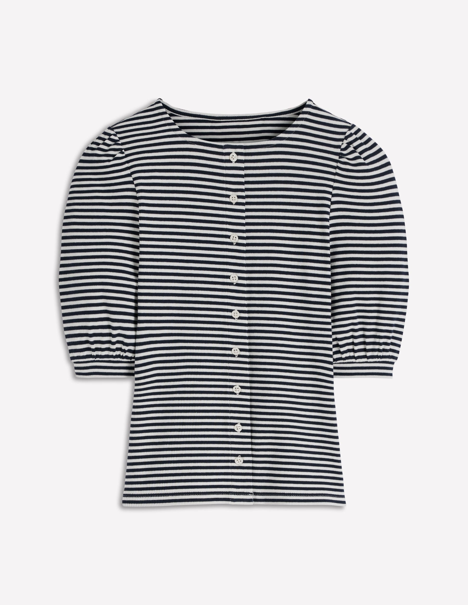 Evie Ribbed Puff Sleeve Top-Ivory, Navy Stripe-4