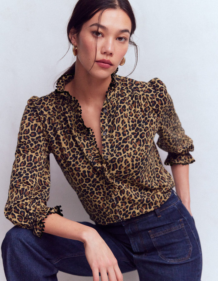 Emily Pom Detail Ruffle Shirt-Camel, Cheetah Pop