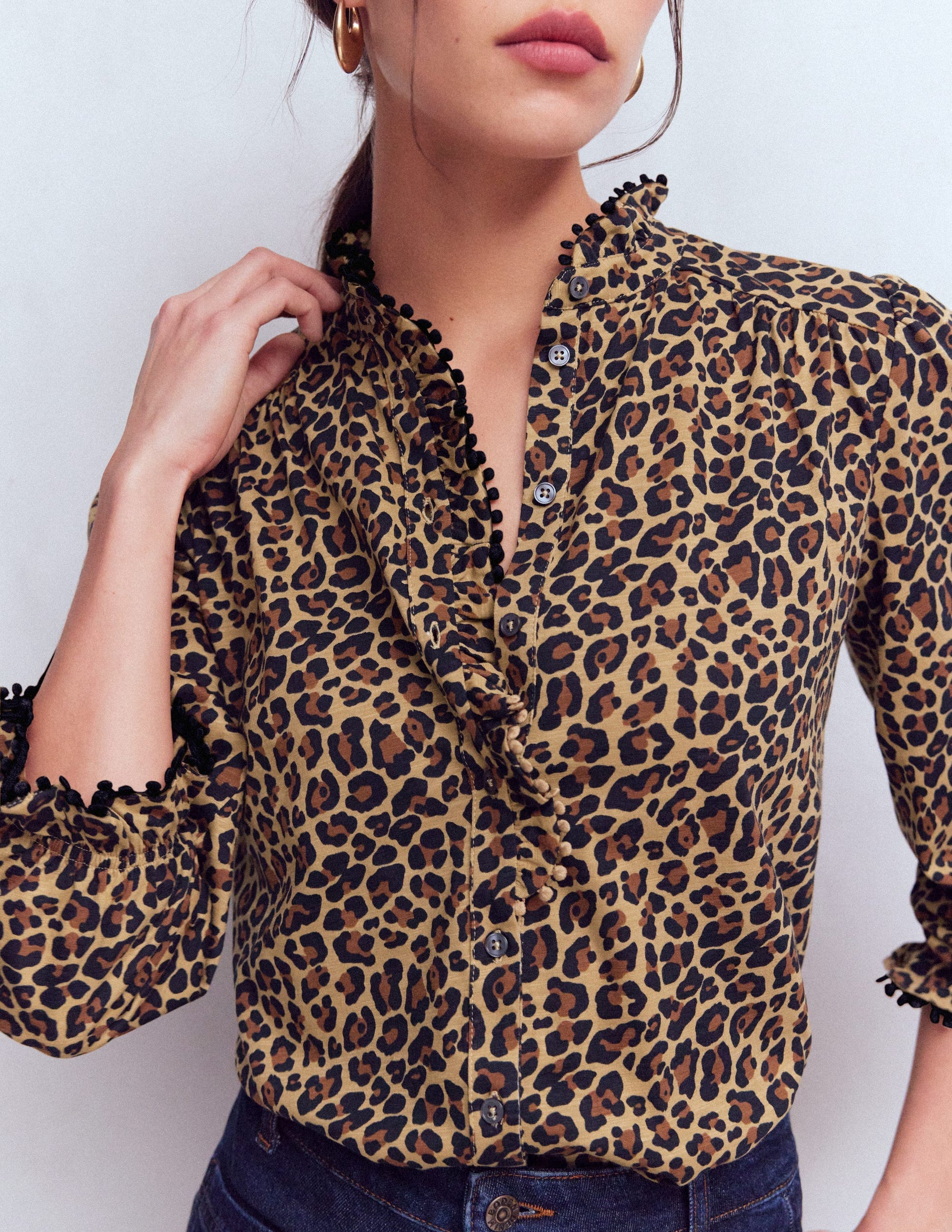 Emily Pom Detail Ruffle Shirt-Camel, Cheetah Pop-2