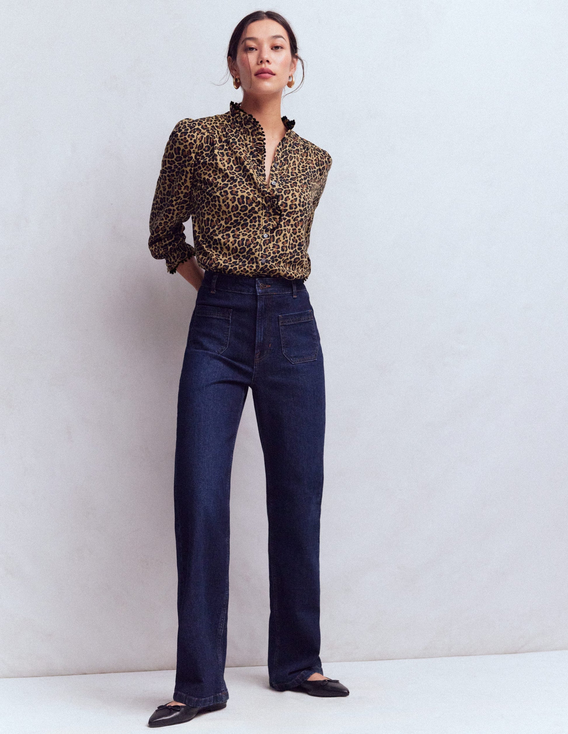 Emily Pom Detail Ruffle Shirt-Camel, Cheetah Pop-4