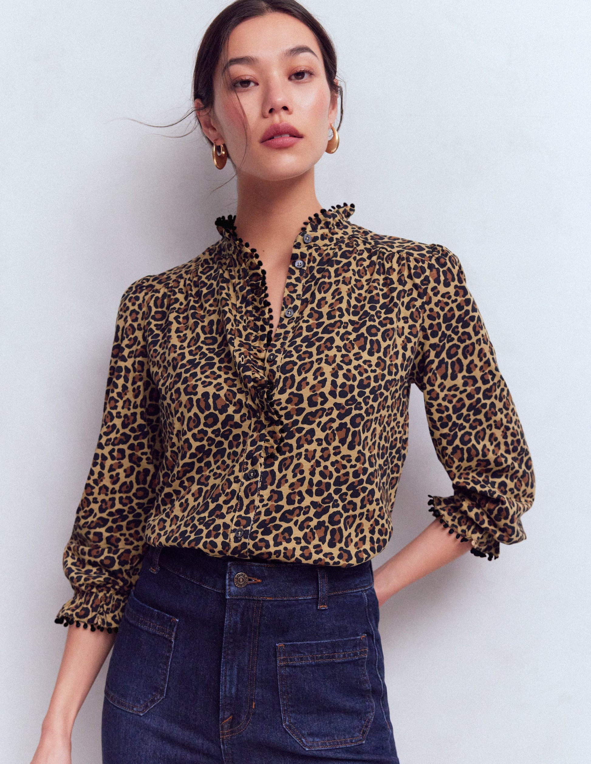 Emily Pom Detail Ruffle Shirt-Camel, Cheetah Pop-5