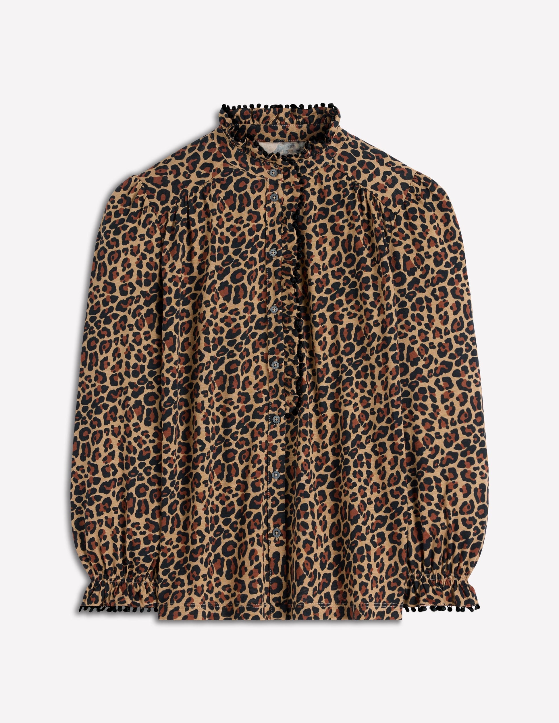 Emily Pom Detail Ruffle Shirt-Camel, Cheetah Pop-6