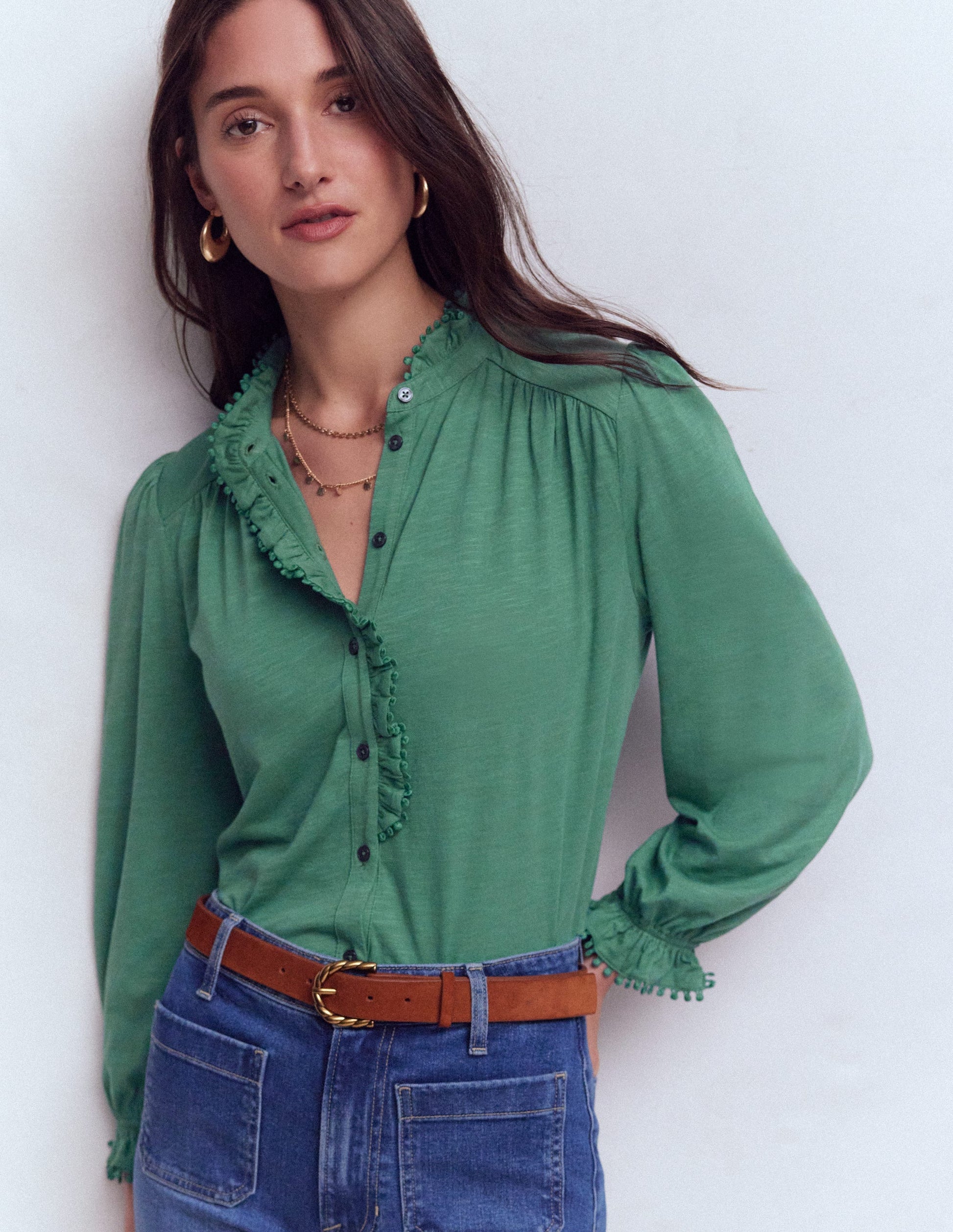 Emily Pom Trim Ruffle Shirt-Deep Jungle-1