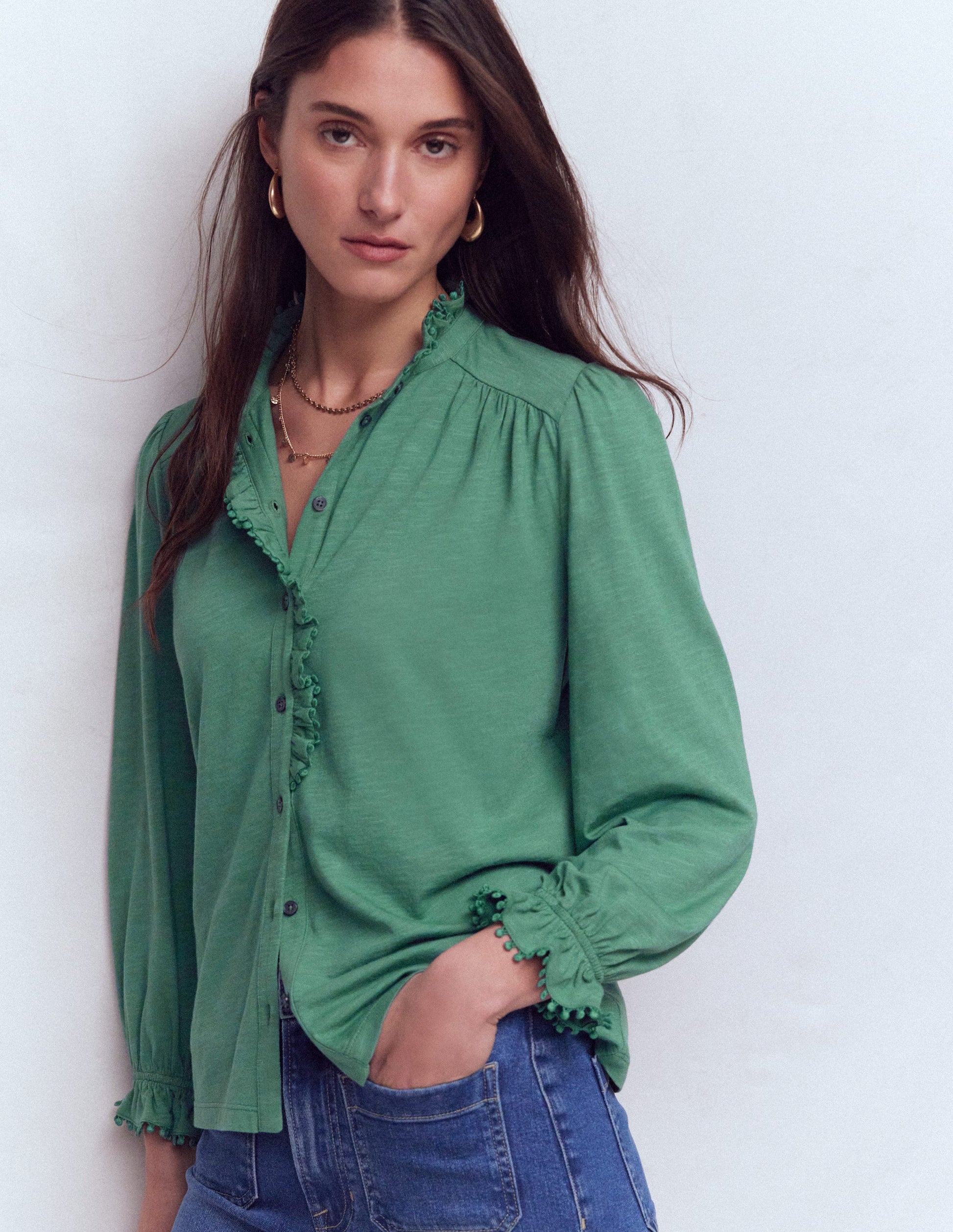 Emily Pom Trim Ruffle Shirt-Deep Jungle-2