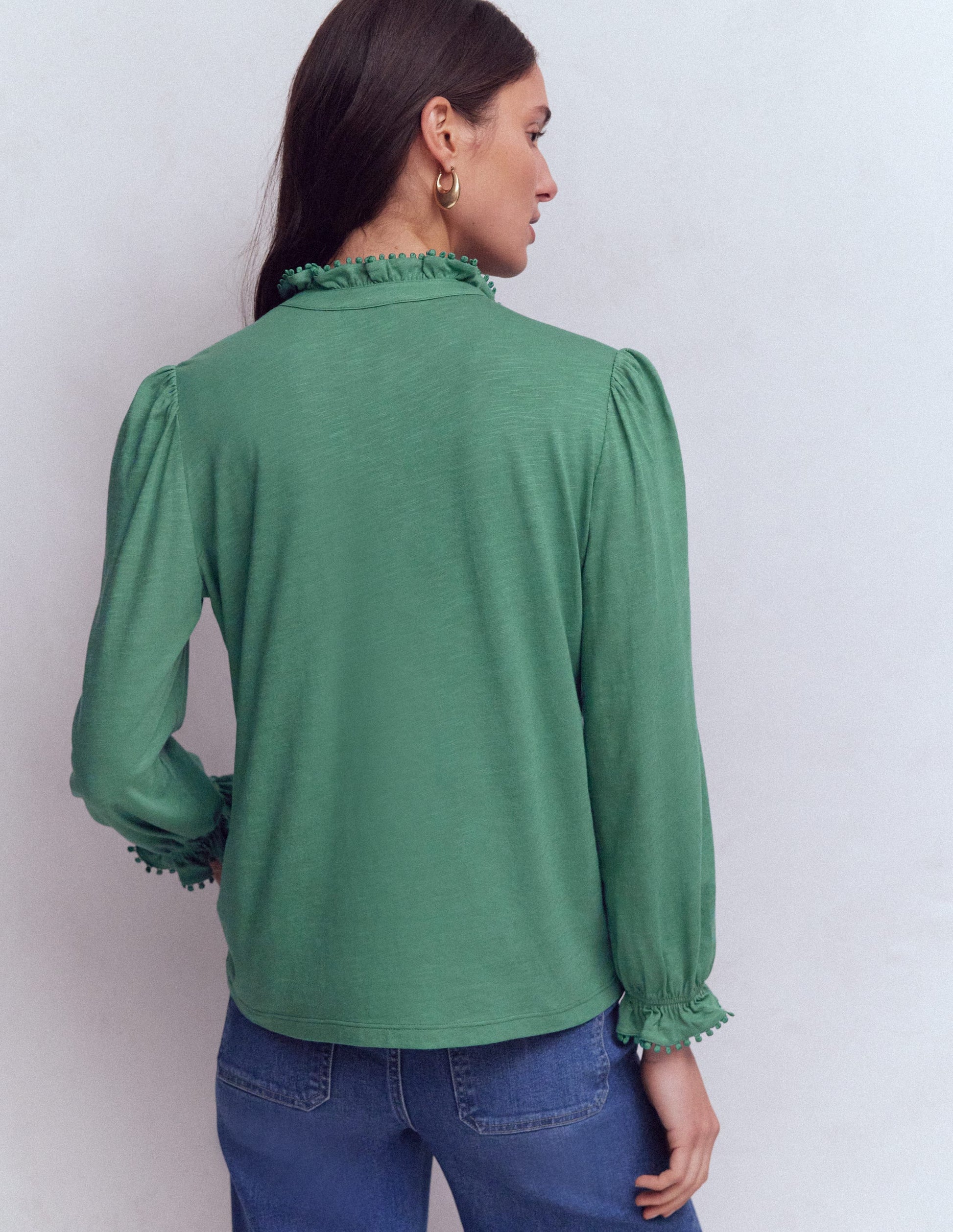Emily Pom Trim Ruffle Shirt-Deep Jungle-3