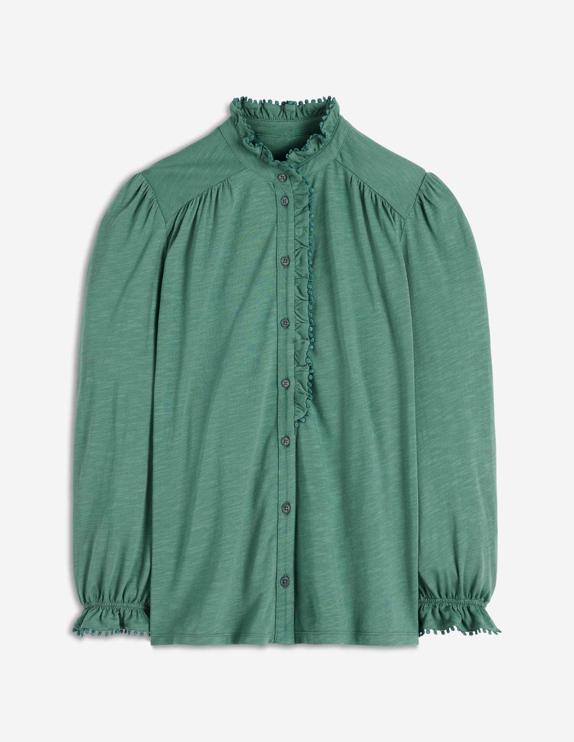 Emily Pom Trim Ruffle Shirt-Deep Jungle-4
