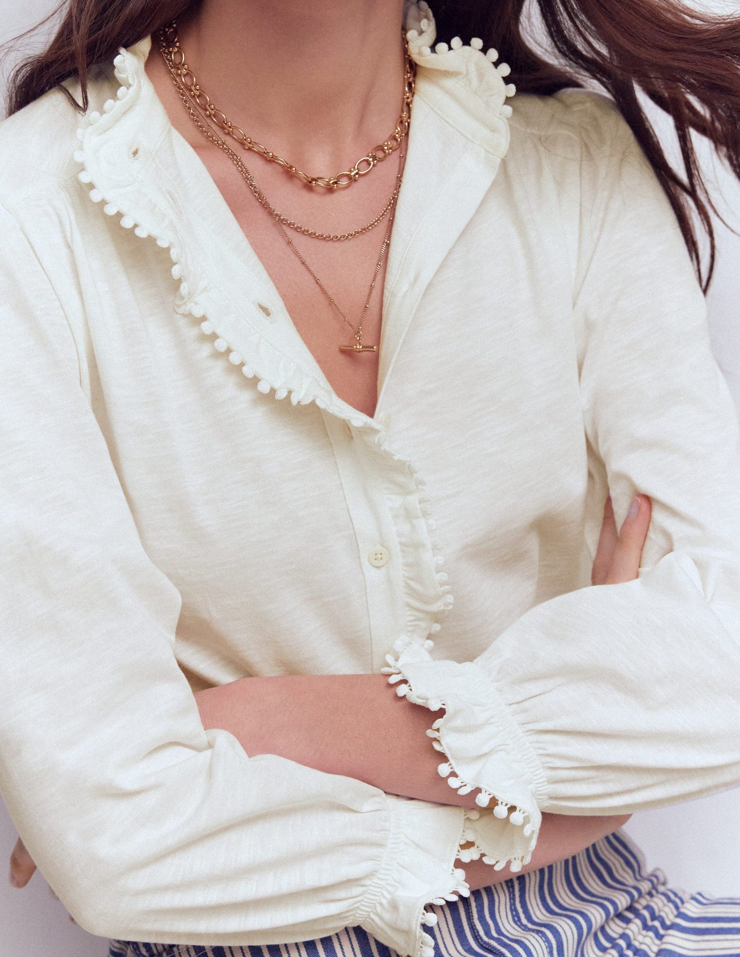 Emily Pom Detail Ruffle Shirt-Ivory