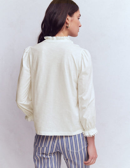 Emily Pom Detail Ruffle Shirt-Ivory-3