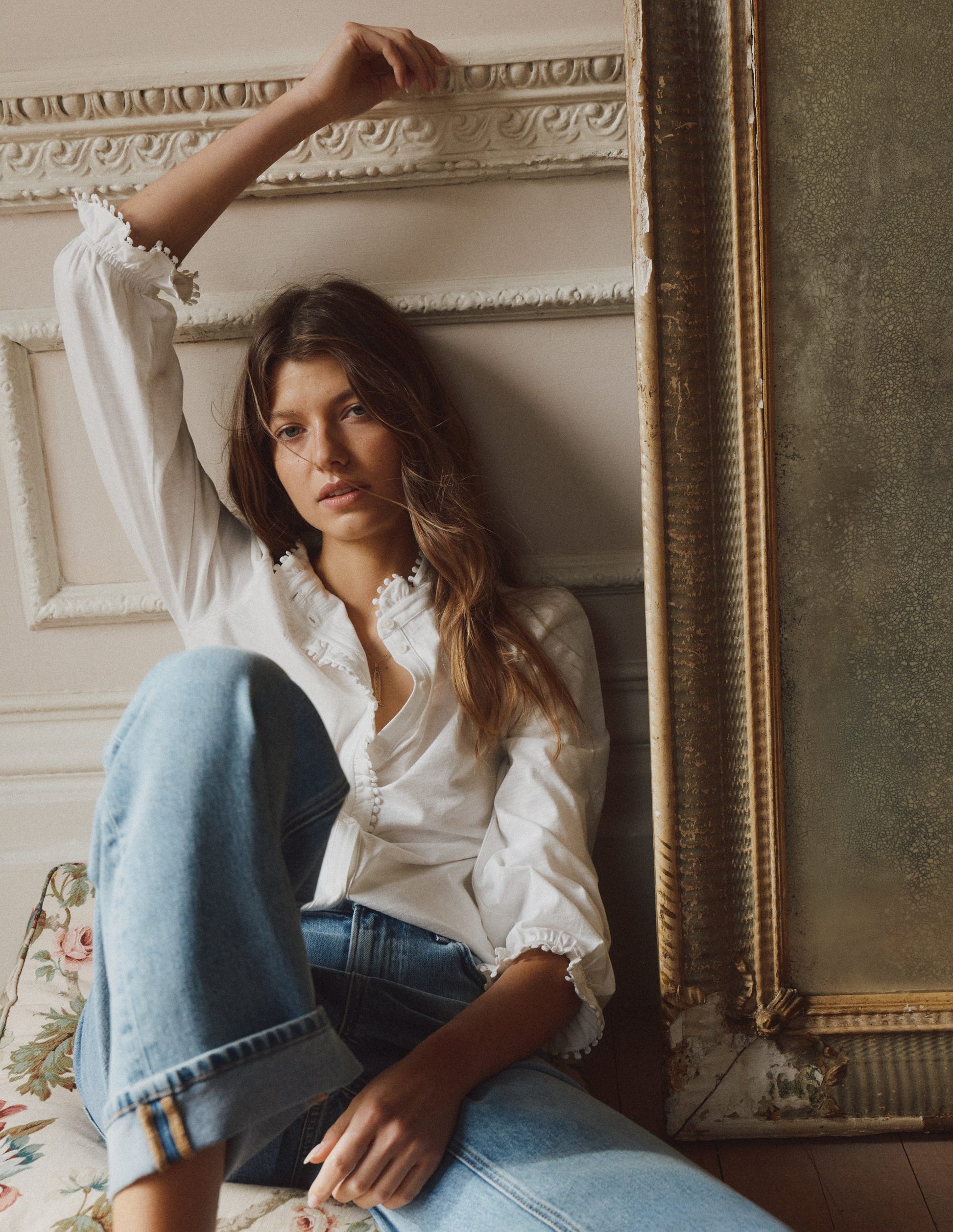 Emily Pom Trim Ruffle Shirt-Ivory-5