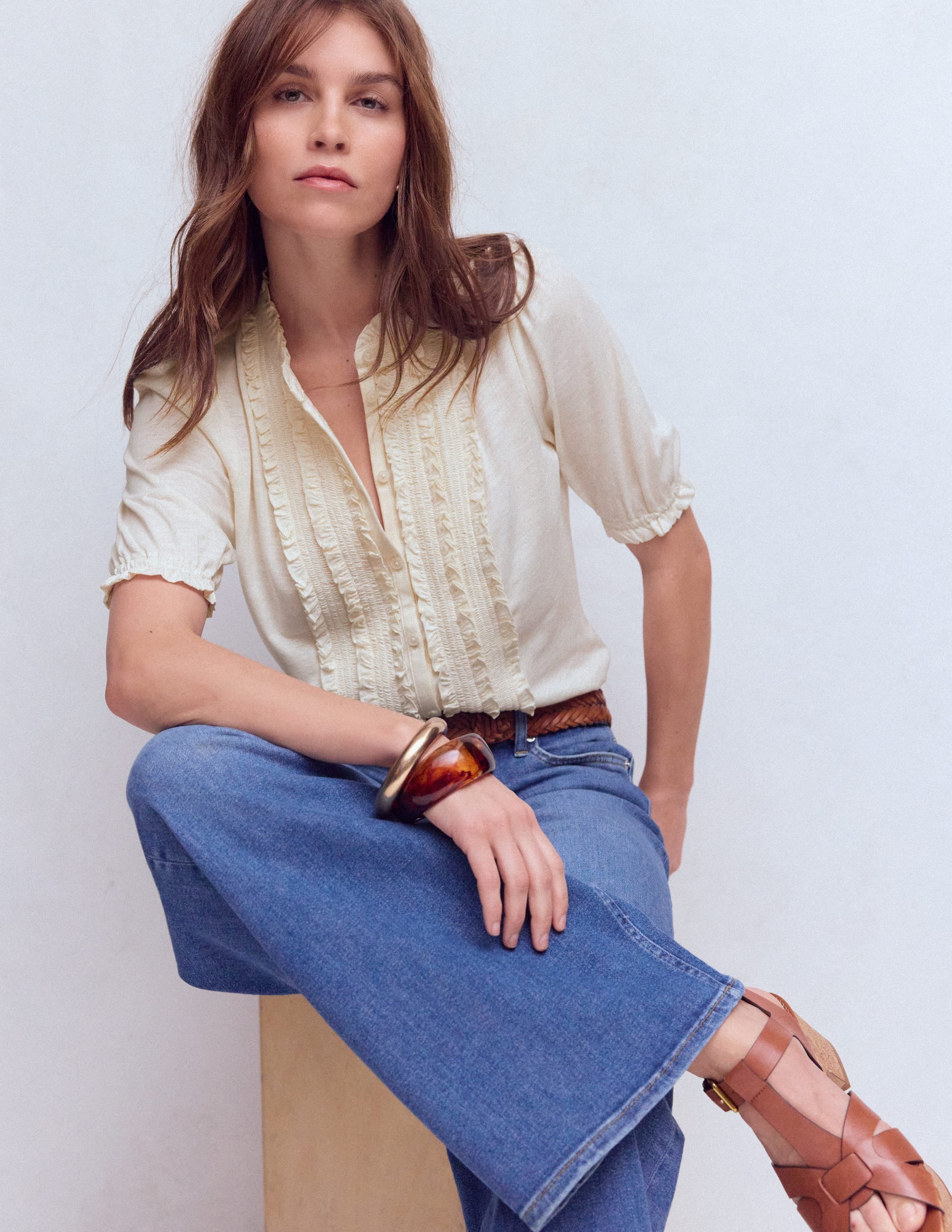 Eda Ruffle Front Shirt-Ivory - Image 1