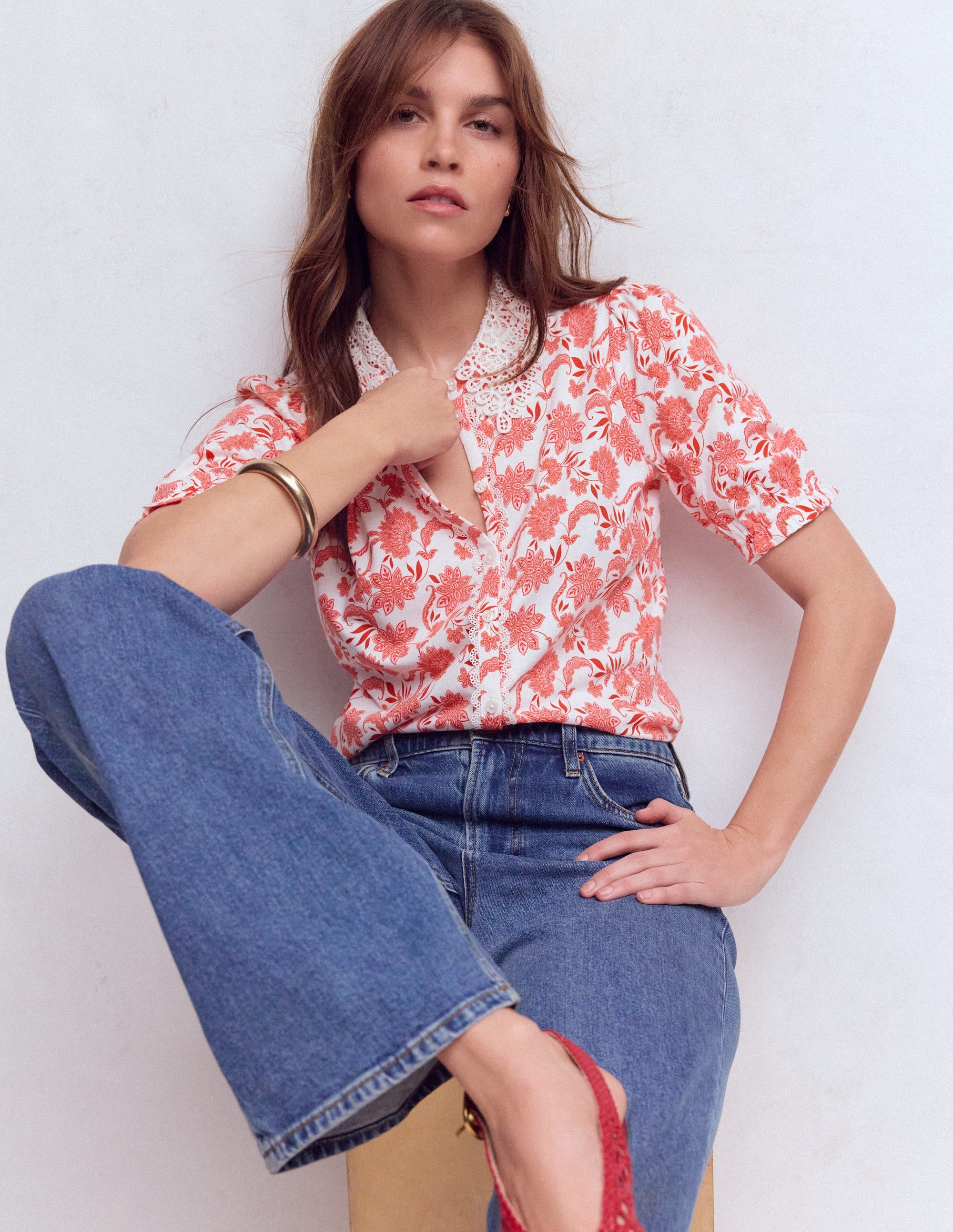 Nessa Broderie Collar Blouse-Pink Floral - Image 1