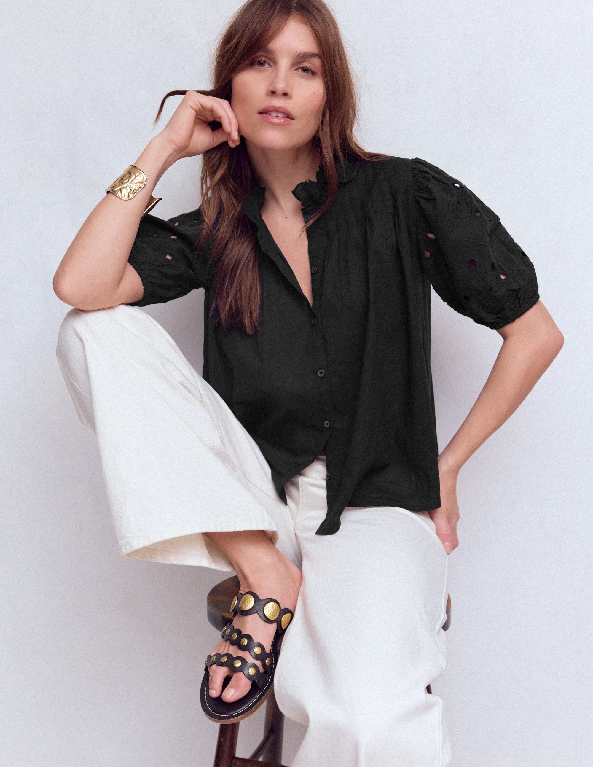 Cutwork Puff Sleeve Top-Black - Image 1