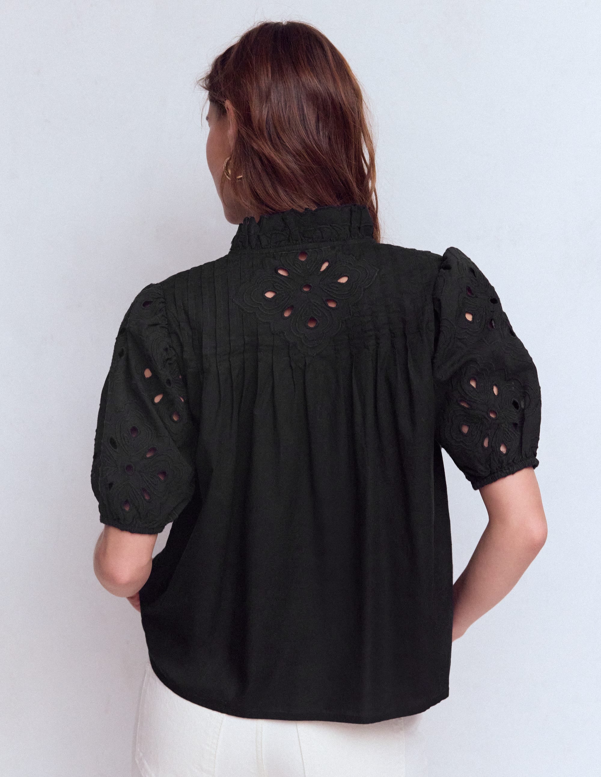Cutwork Puff Sleeve Top-Black - Image 3