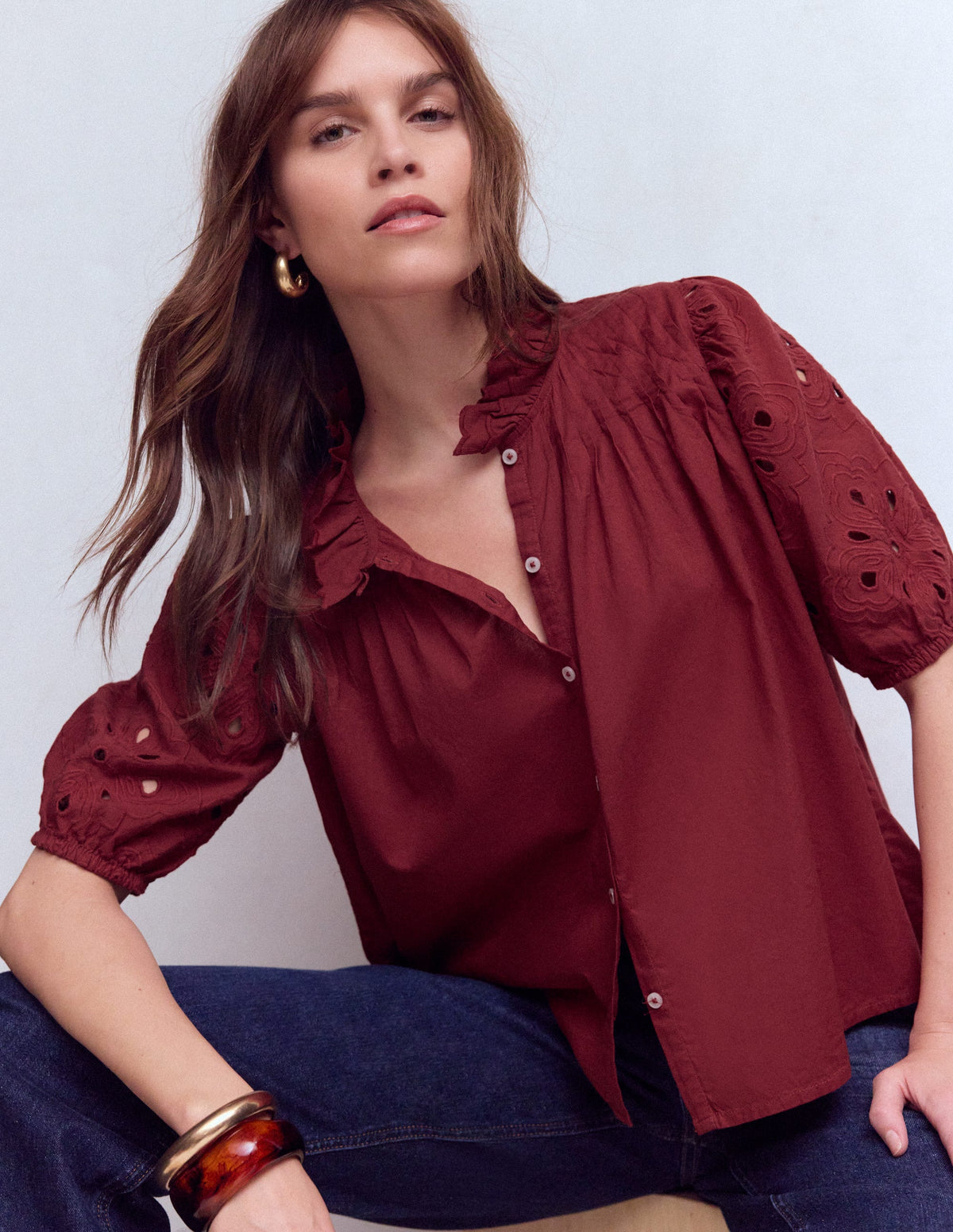 Cutwork Puff Sleeve Top-Russet - Image 1