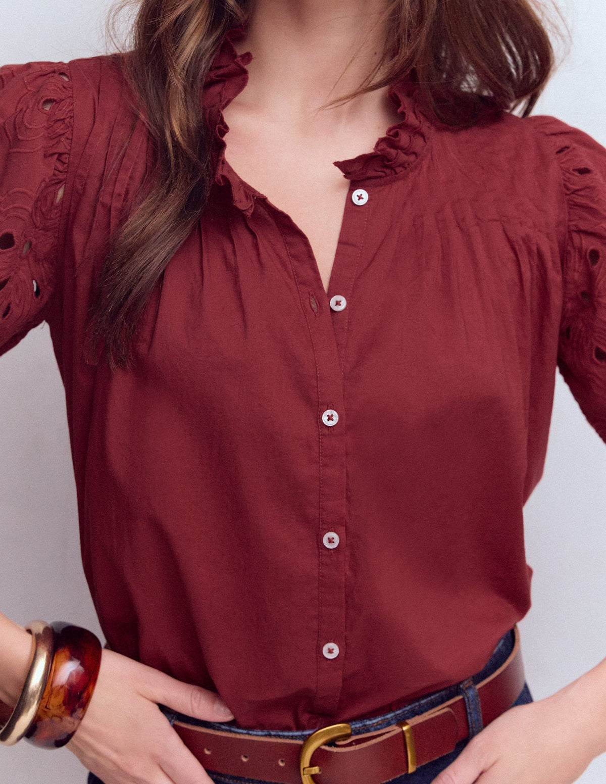 Cutwork Puff Sleeve Top-Russet - Image 4