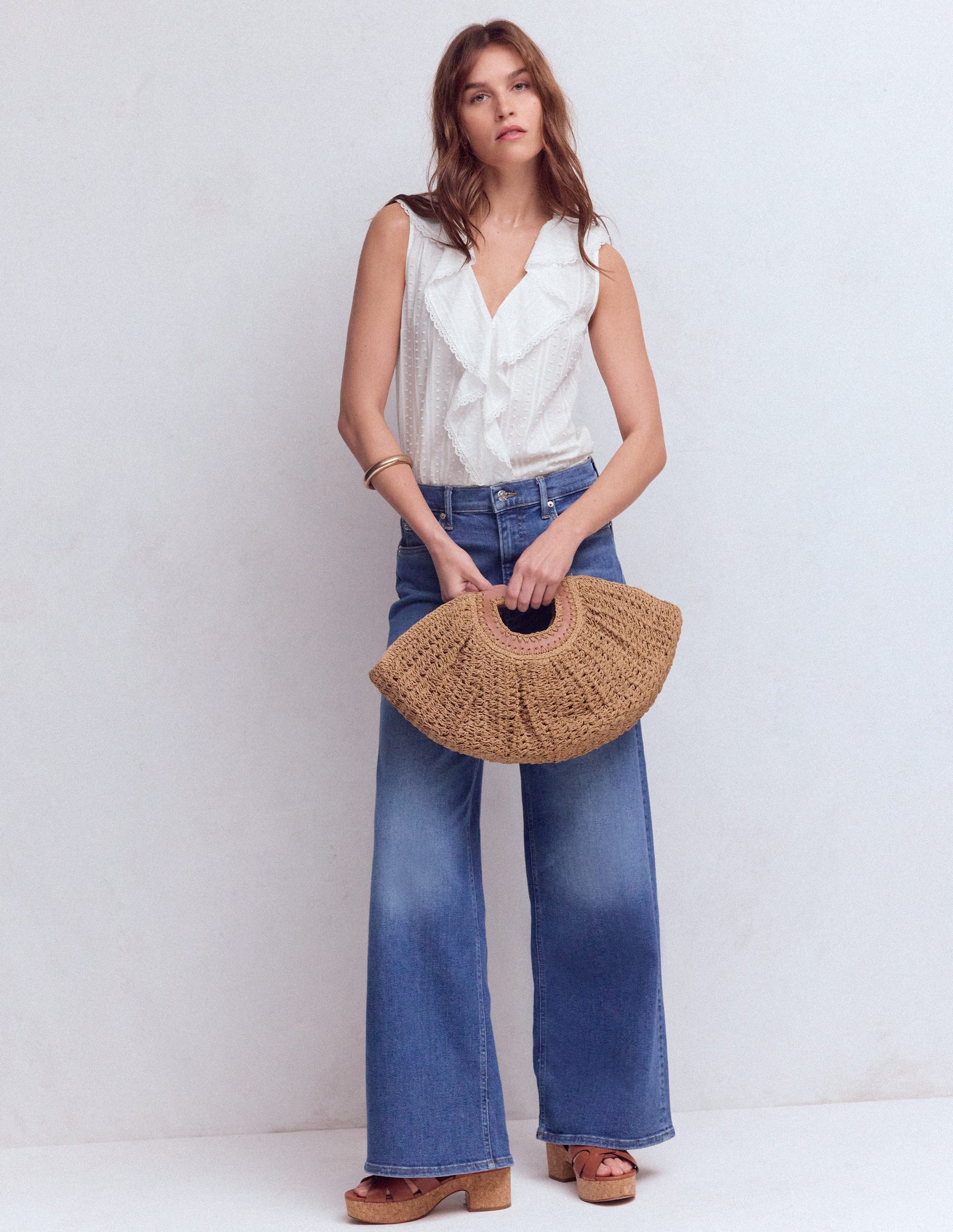 Sleeveless V-neck Ruffle Top-White-5