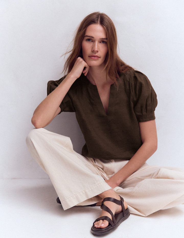 Rae Linen Top-Brown