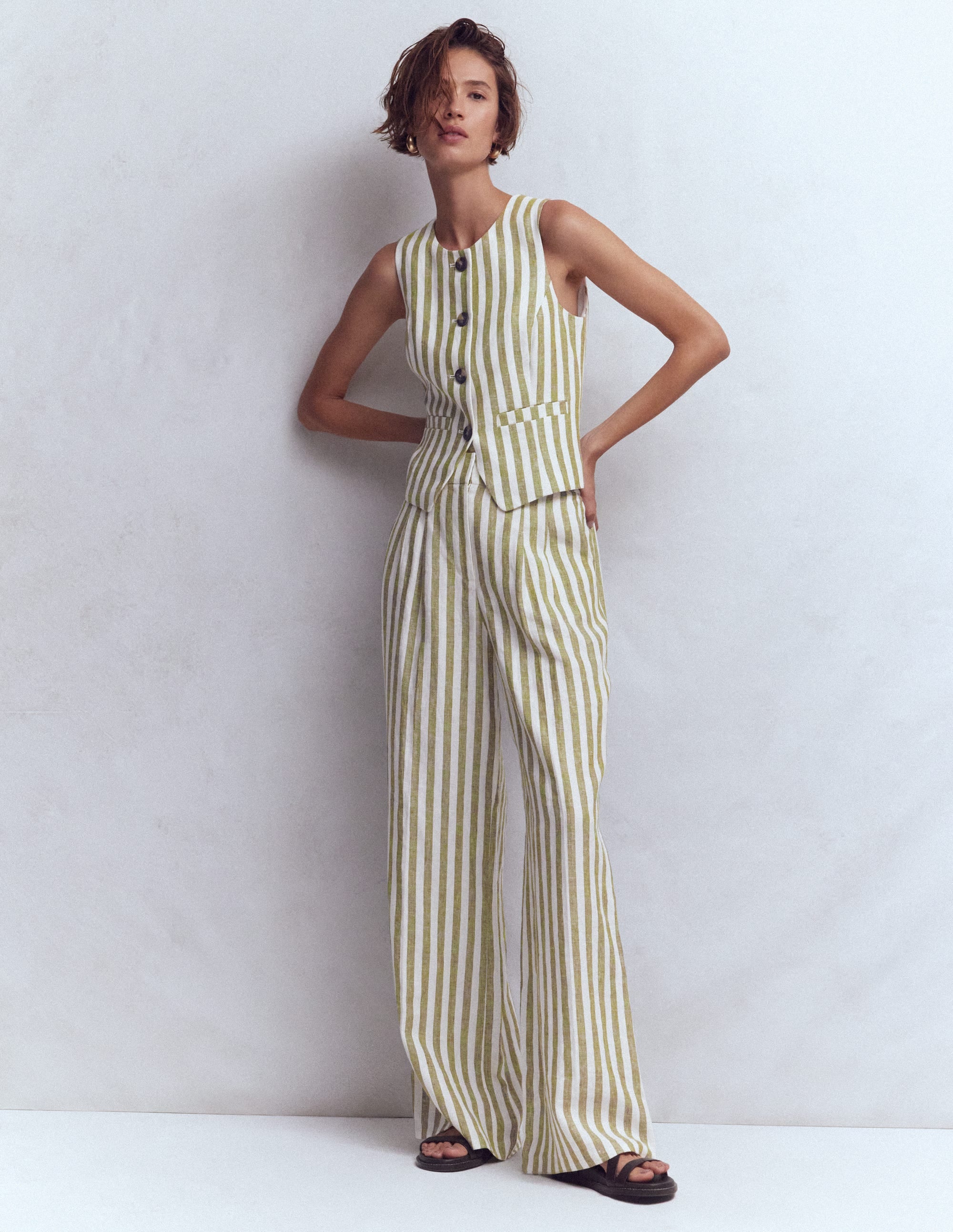 Linen Waistcoat-Olive, Ivory Stripe - Image 2