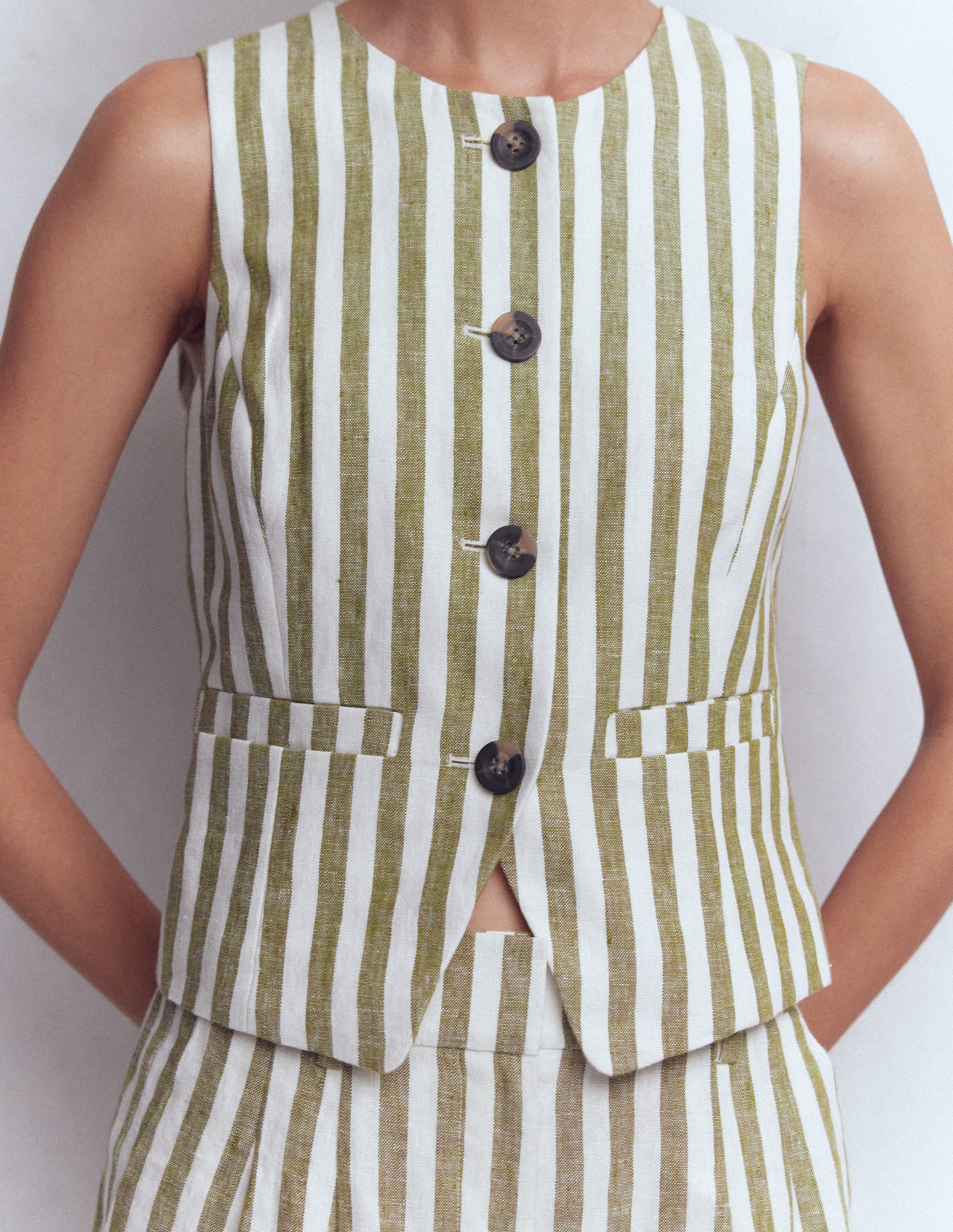 Linen Waistcoat-Olive, Ivory Stripe - Image 3