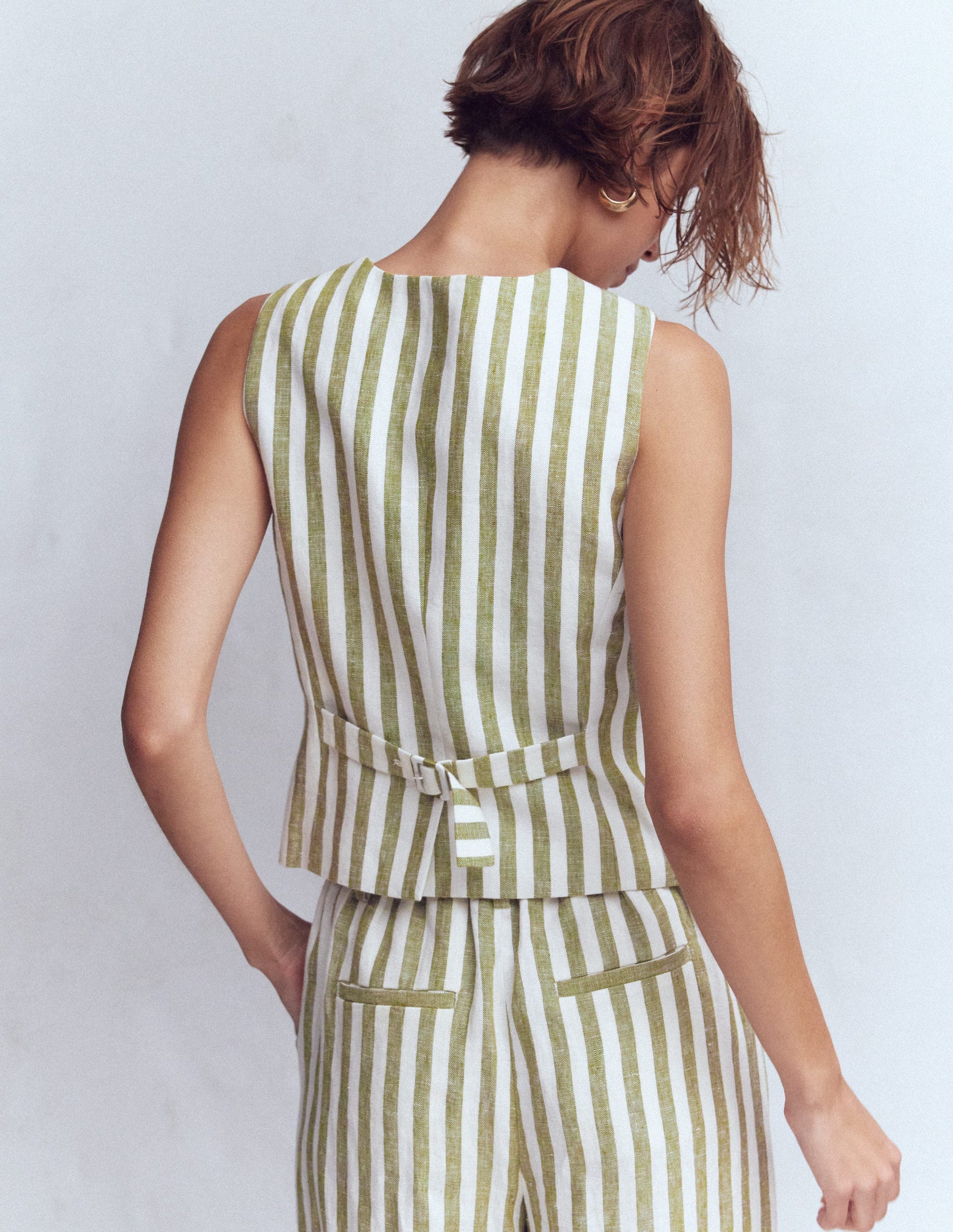 Linen Scoop Neck Waistcoat-Olive, Ivory Stripe-5
