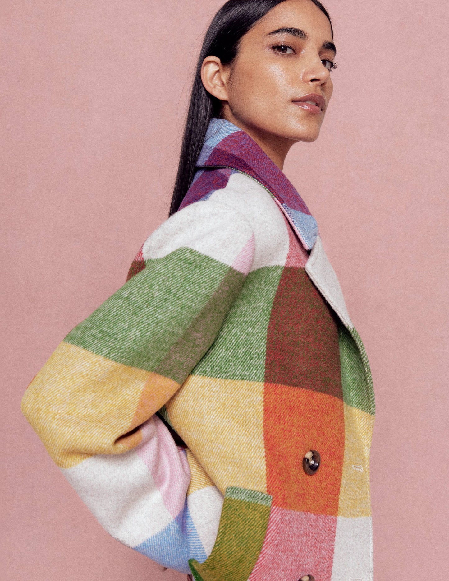 Revere Collar Wool Coat-Giant Multigingham