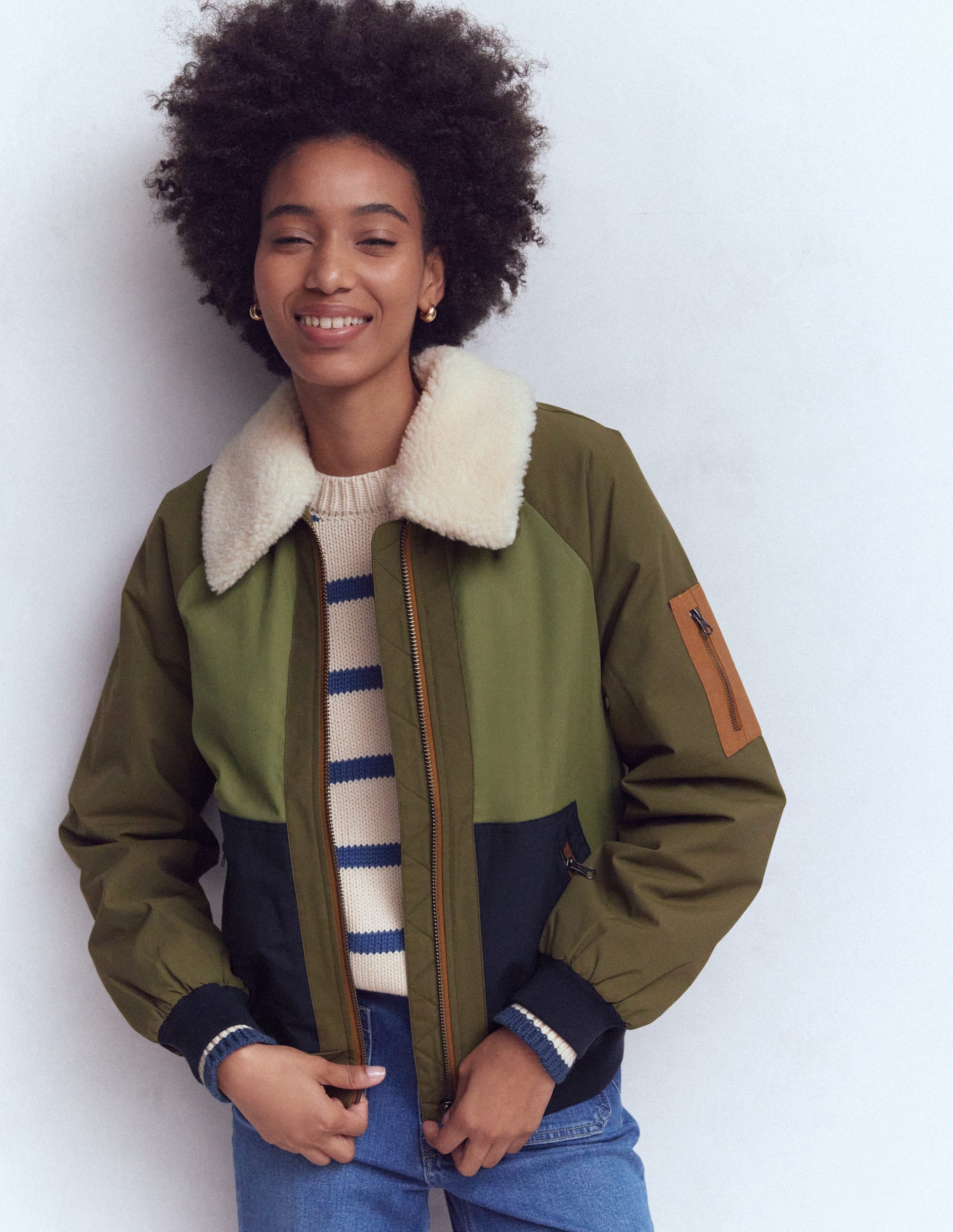 Borg Detail Bomber Jacket-Woodland Green | Boden Global