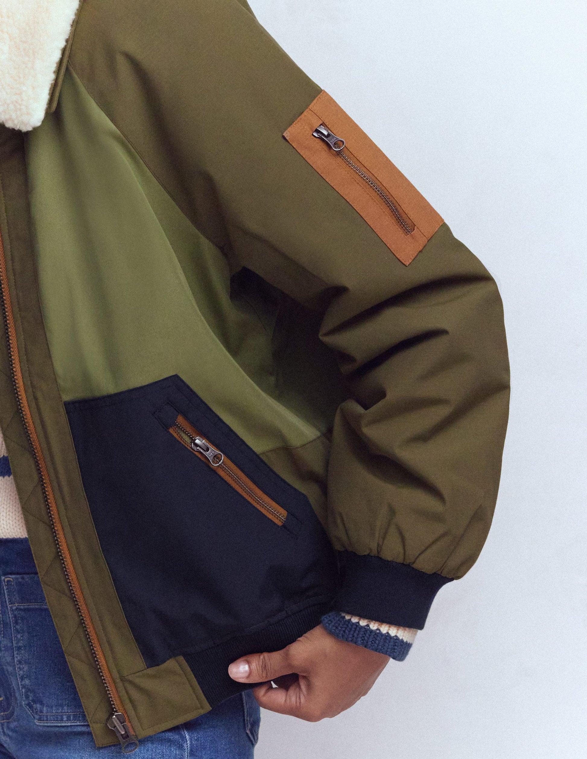 Borg Detail Bomber Jacket-Woodland Green-6