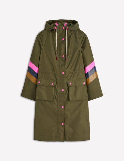 Striped Longline Rain Mac-Woodland Green Stripe-7