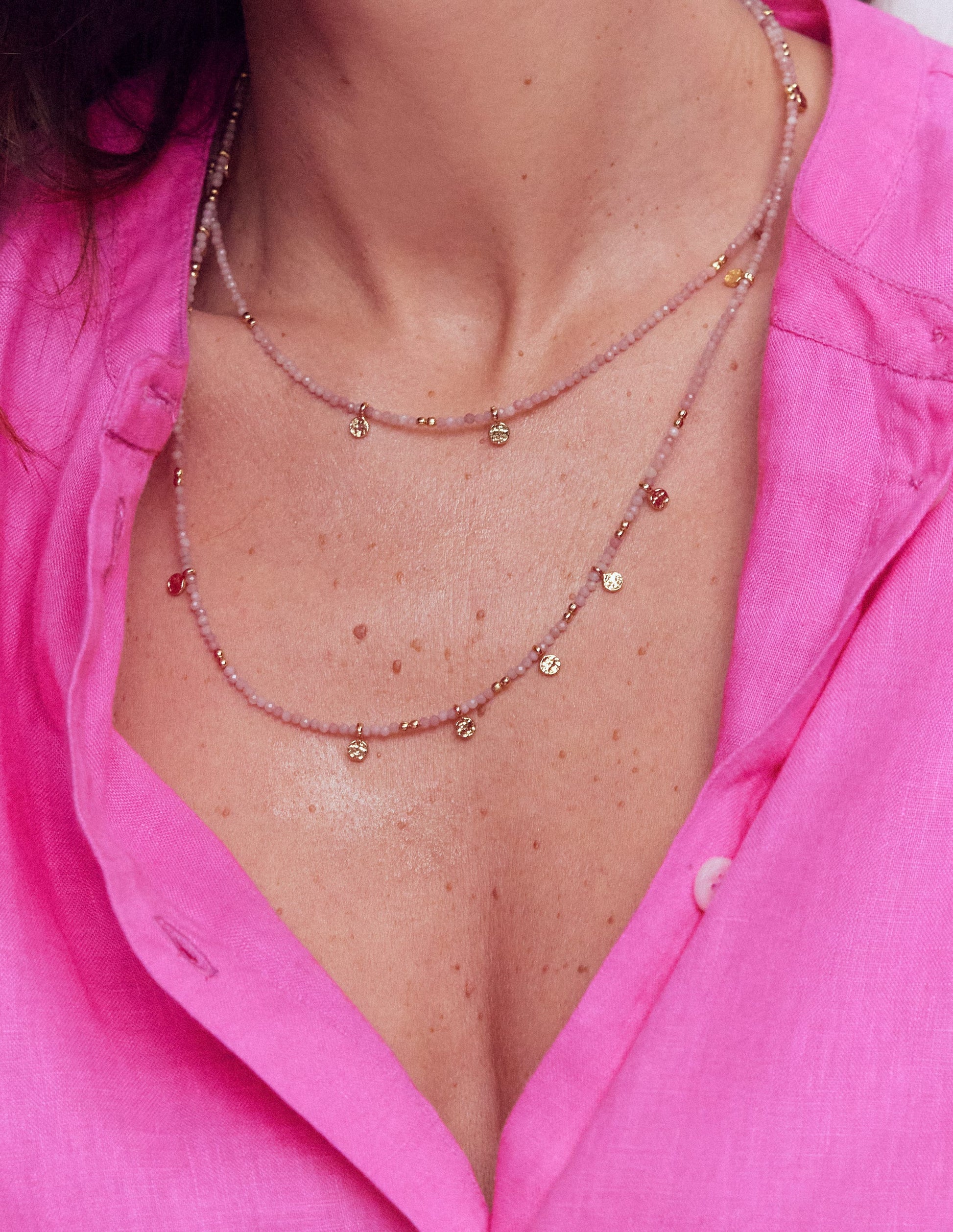 Double Strand Bead Necklace-Pink-2