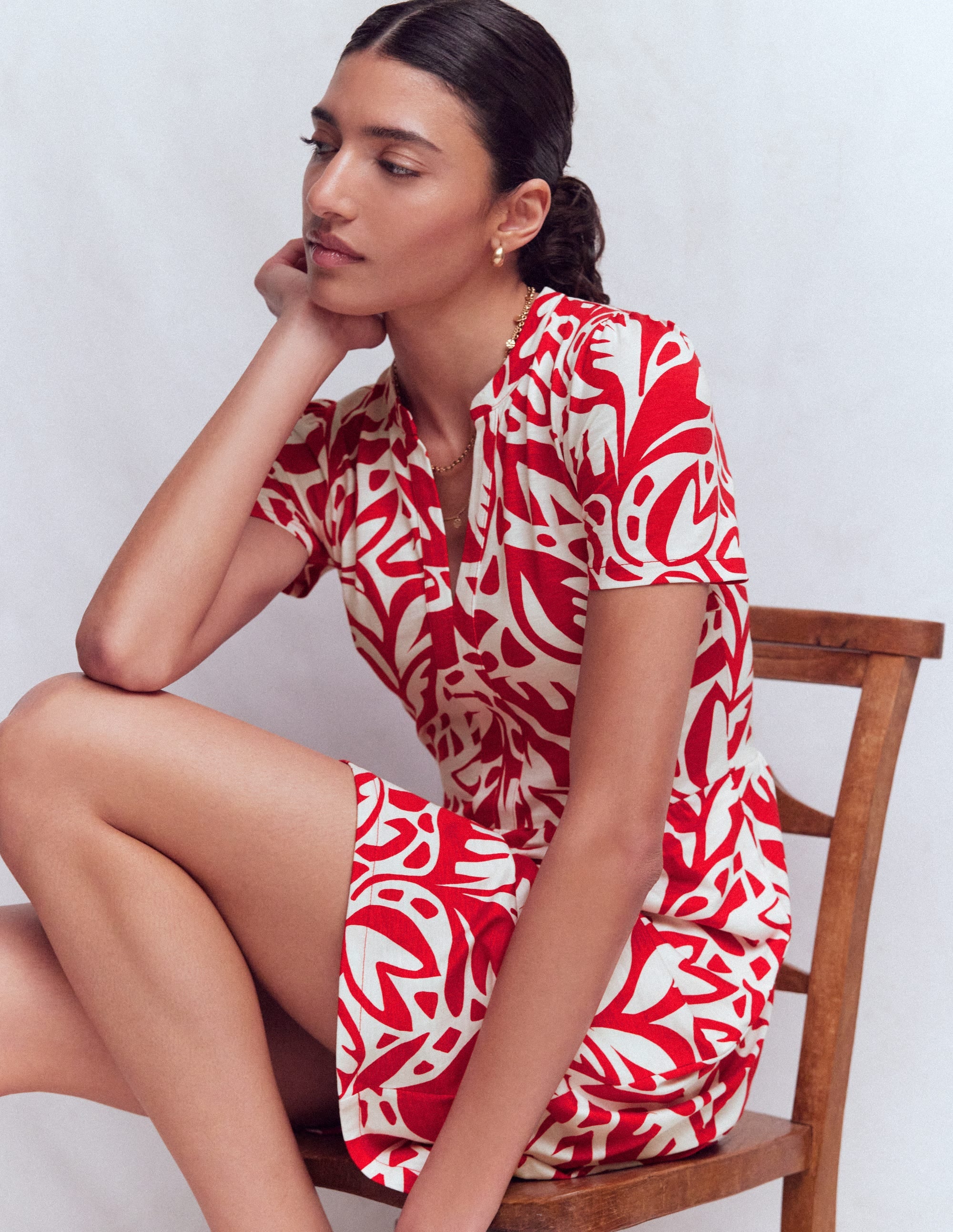 Naomi Short Sleeve Dress-Merida Red, Leafy Cascade Mono - Image 1