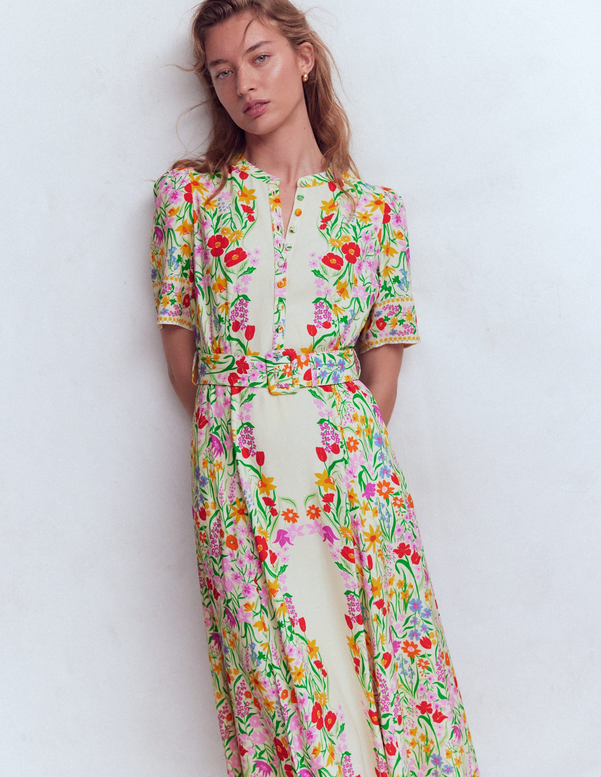 Kate Puff Sleeve Belted Dress-Ivory, Elegant Garden - Image 1