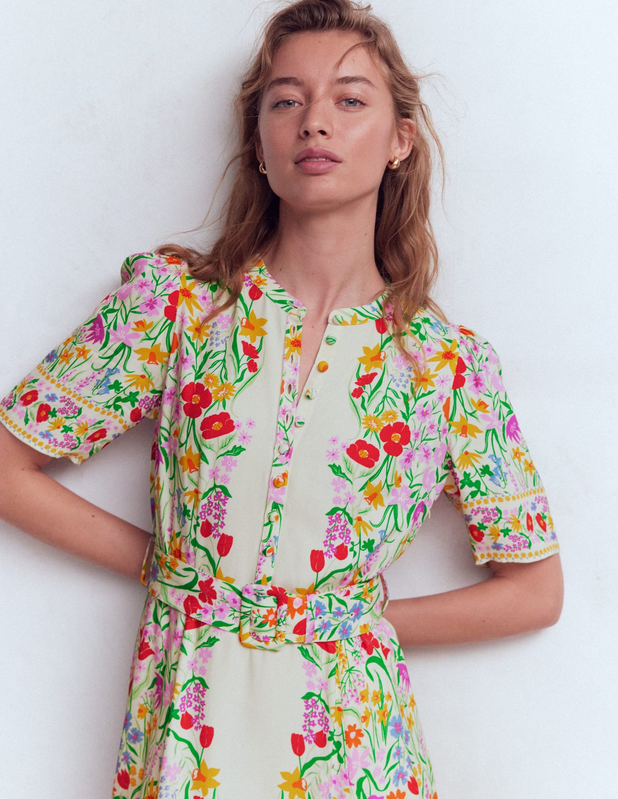 Kate Puff Sleeve Belted Dress-Ivory, Elegant Garden - Image 2