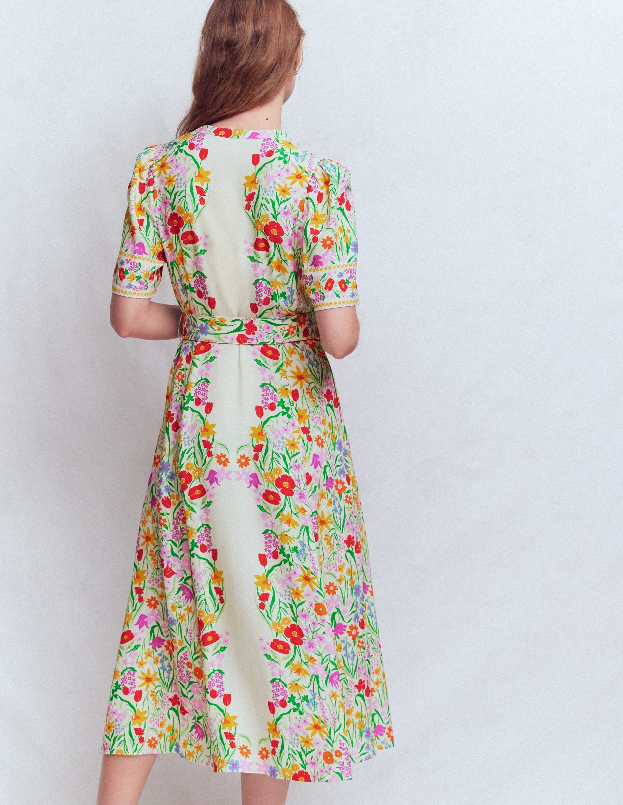 Kate Puff Sleeve Belted Dress-Ivory, Elegant Garden - Image 3