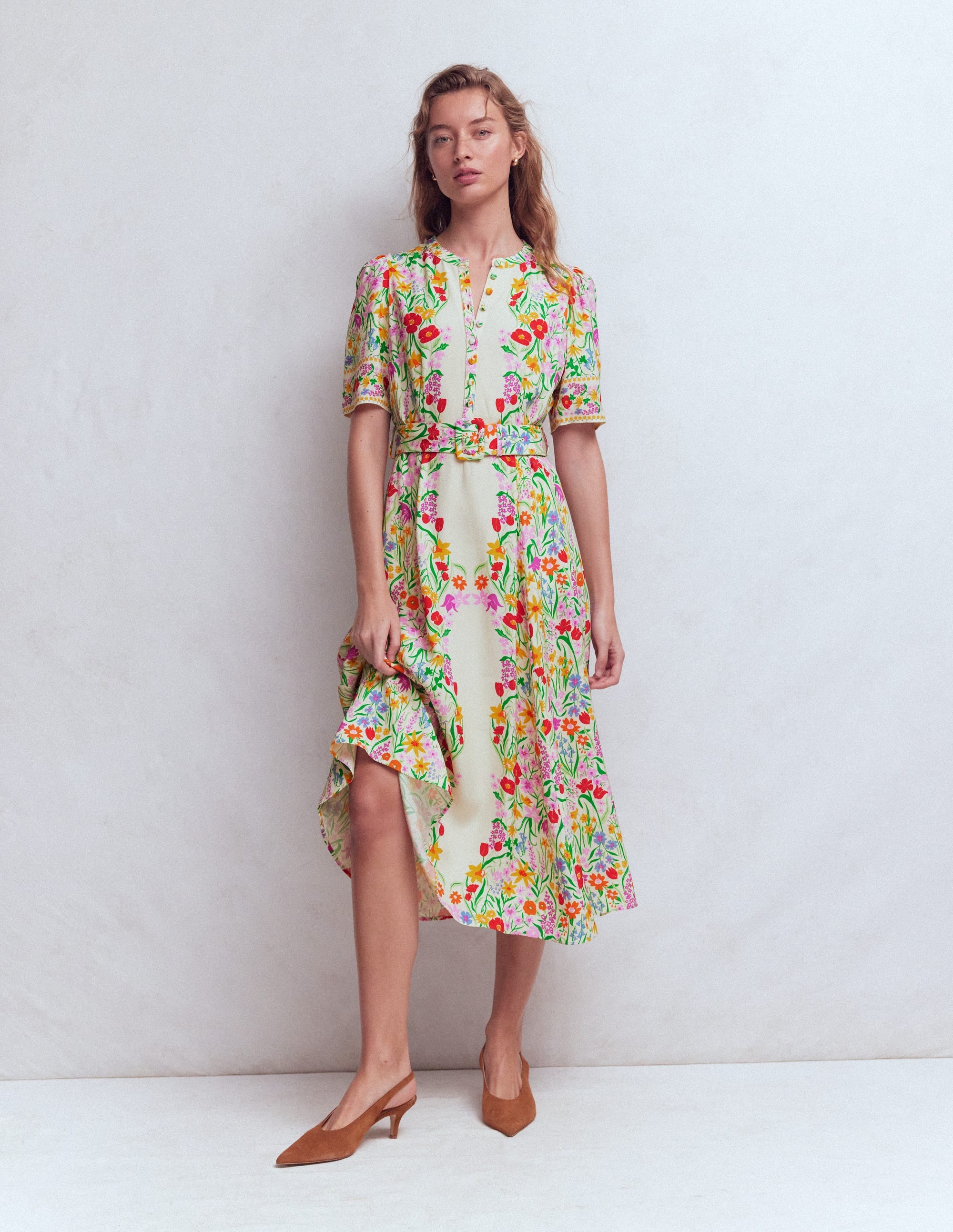 Kate Puff Sleeve Belted Dress-Ivory, Elegant Garden - Image 4