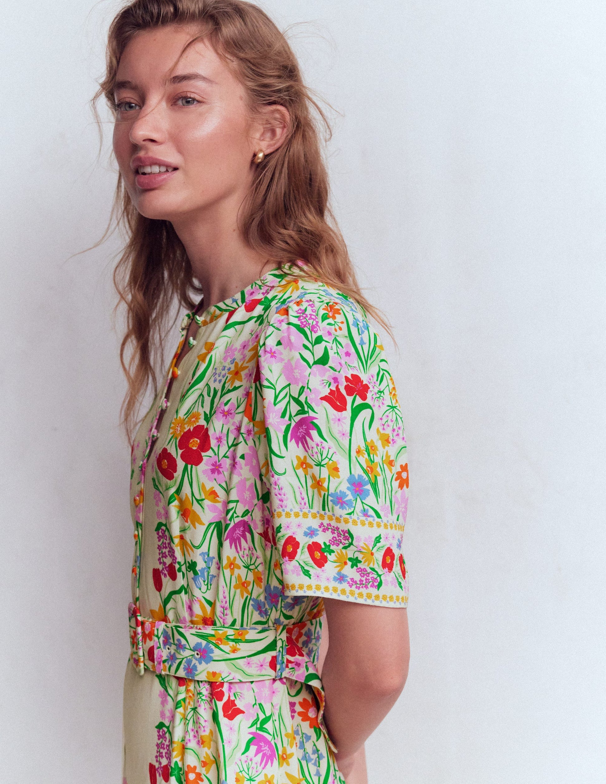 Kate Puff Sleeve Belted Dress-Ivory, Elegant Garden-5