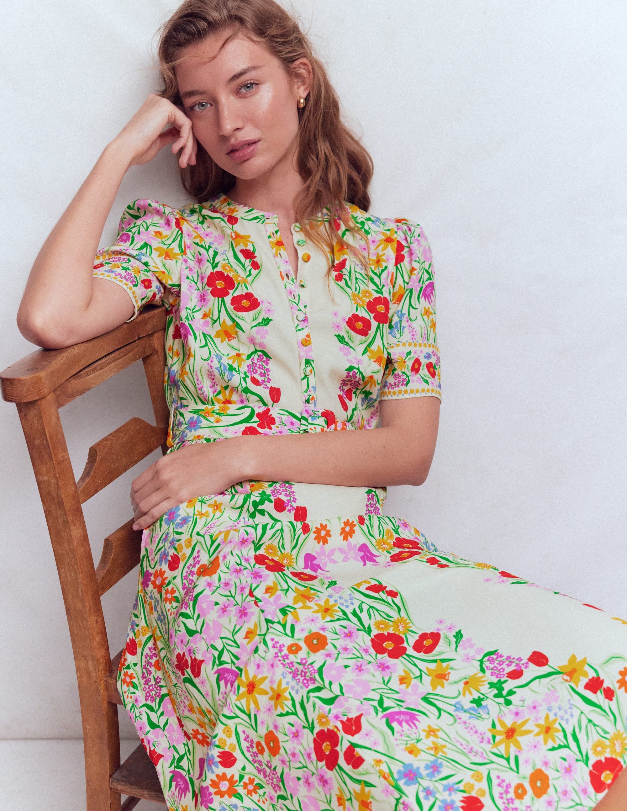 Kate Puff Sleeve Belted Dress-Ivory, Elegant Garden - Image 6