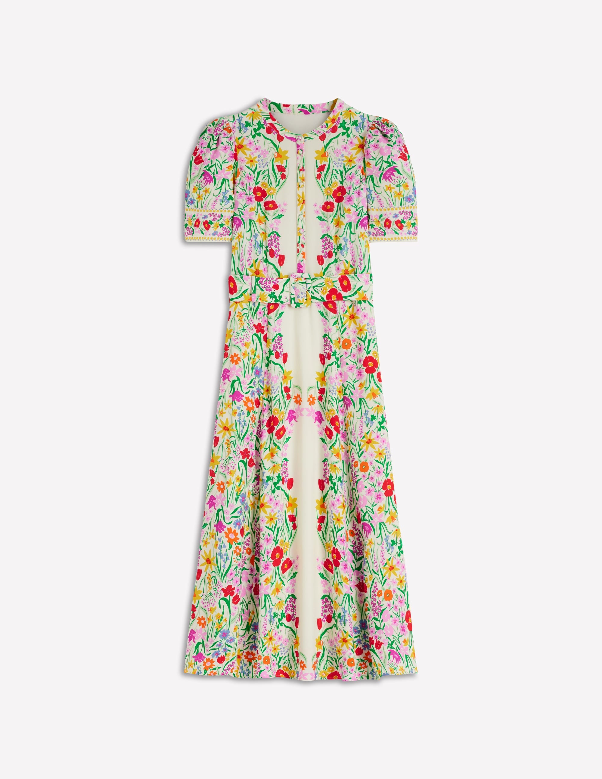Kate Puff Sleeve Belted Dress-Ivory, Elegant Garden - Image 8