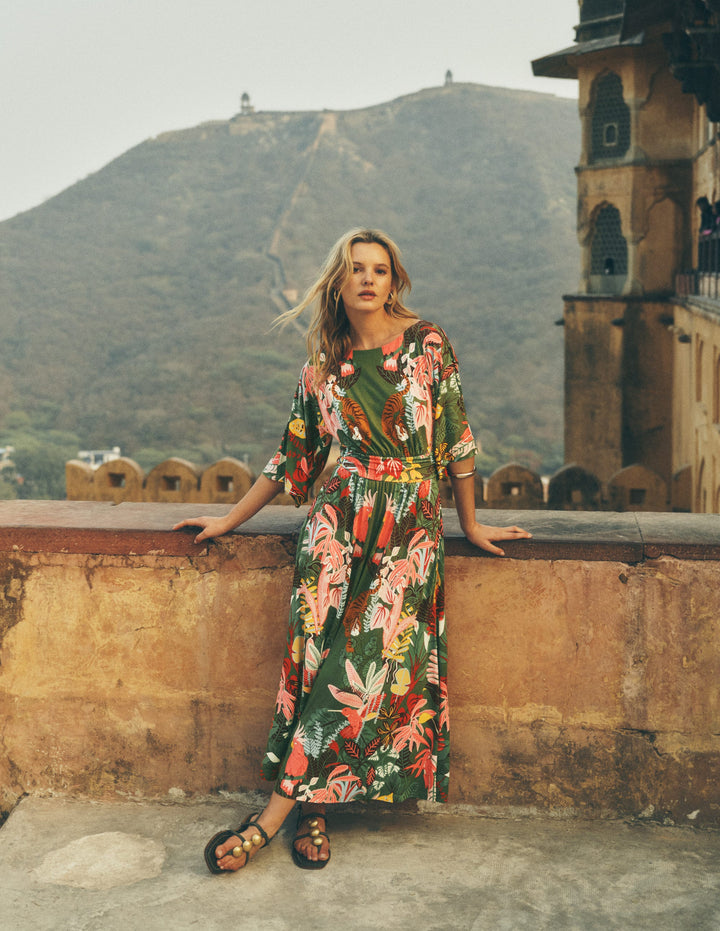 Imelda Kimono Jersey Dress-Olive, Tropical Safari