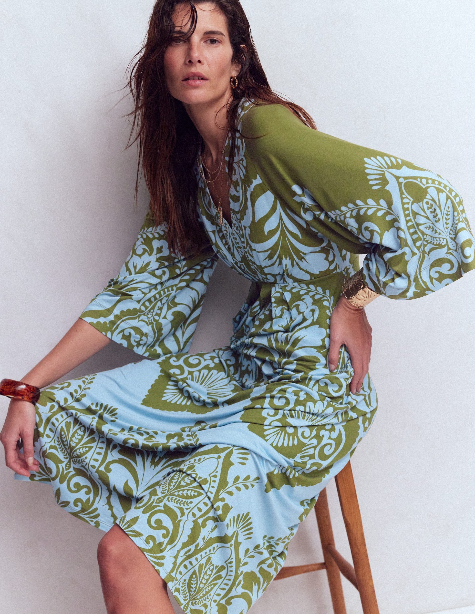 Nell Kimono Midi Jersey Dress-Olive, Ornamental Garden-1