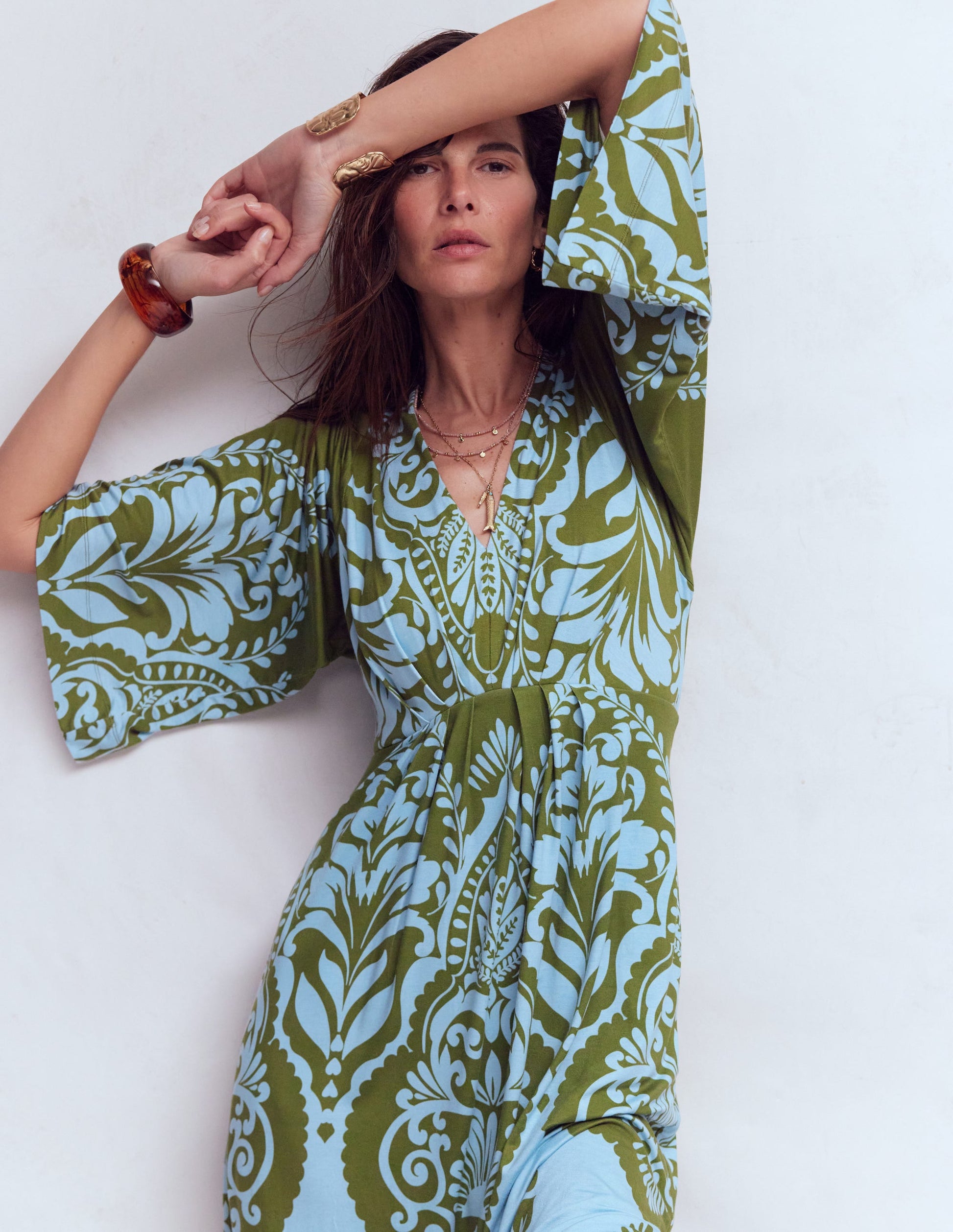 Nell Kimono Midi Jersey Dress-Olive, Ornamental Garden-2