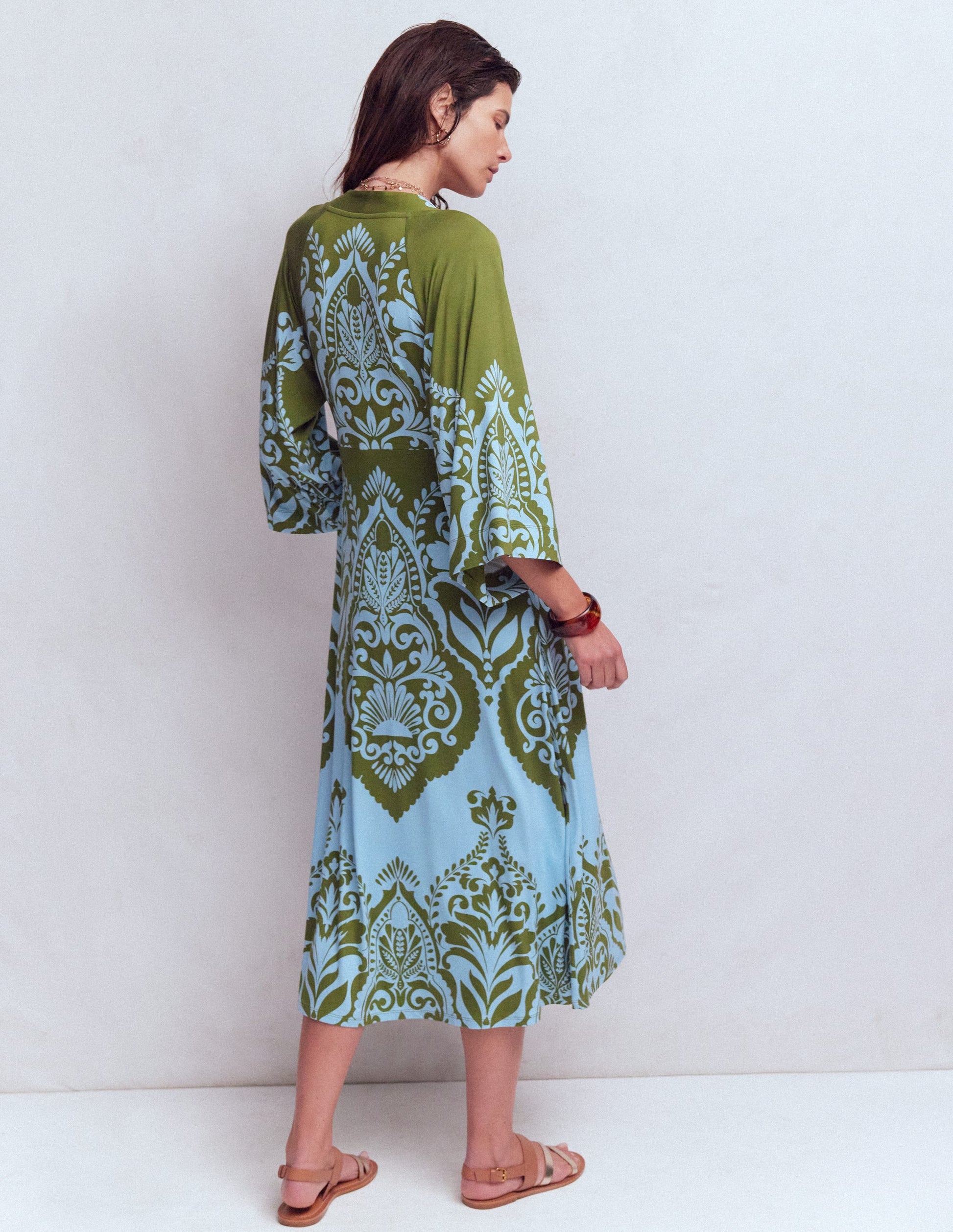 Nell Kimono Midi Jersey Dress-Olive, Ornamental Garden-3