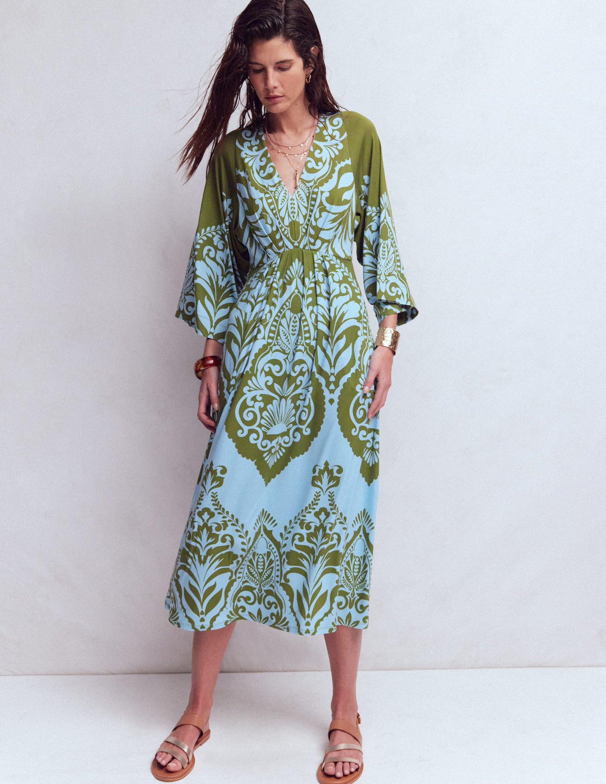 Nell Kimono Midi Jersey Dress-Olive, Ornamental Garden-4