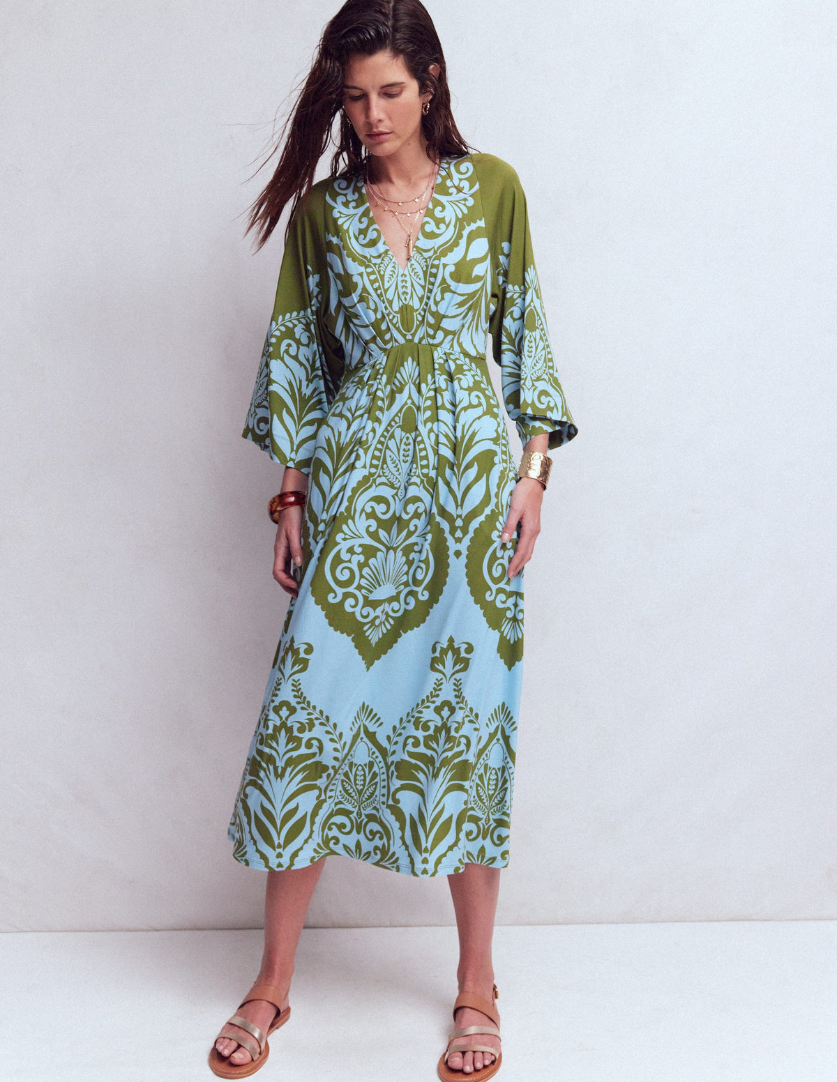 Nell Kimono Midi Jersey Dress-Olive, Ornamental Garden - Image 4