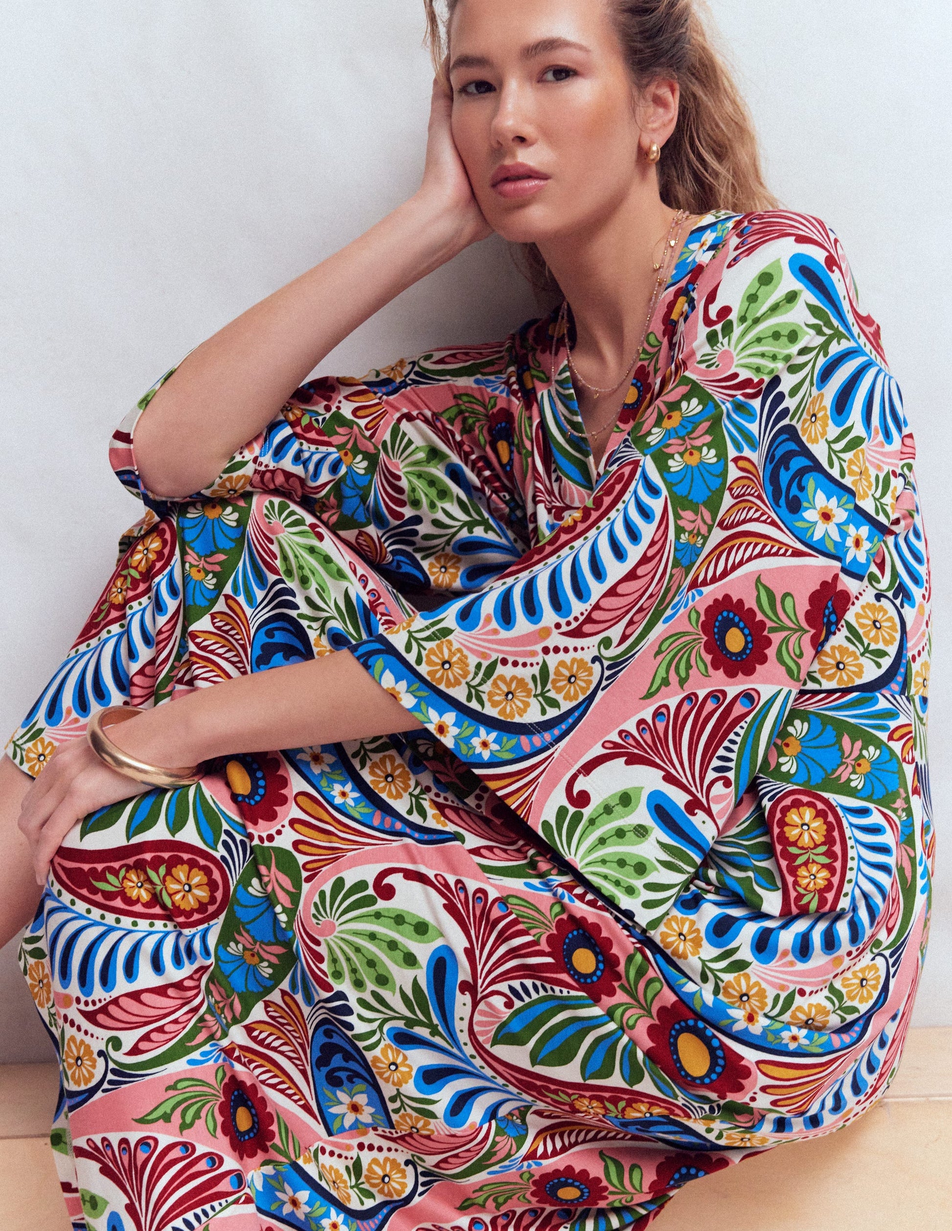 Nell Kimono Midi Jersey Dress-Multi, Enchanted Paisley-4