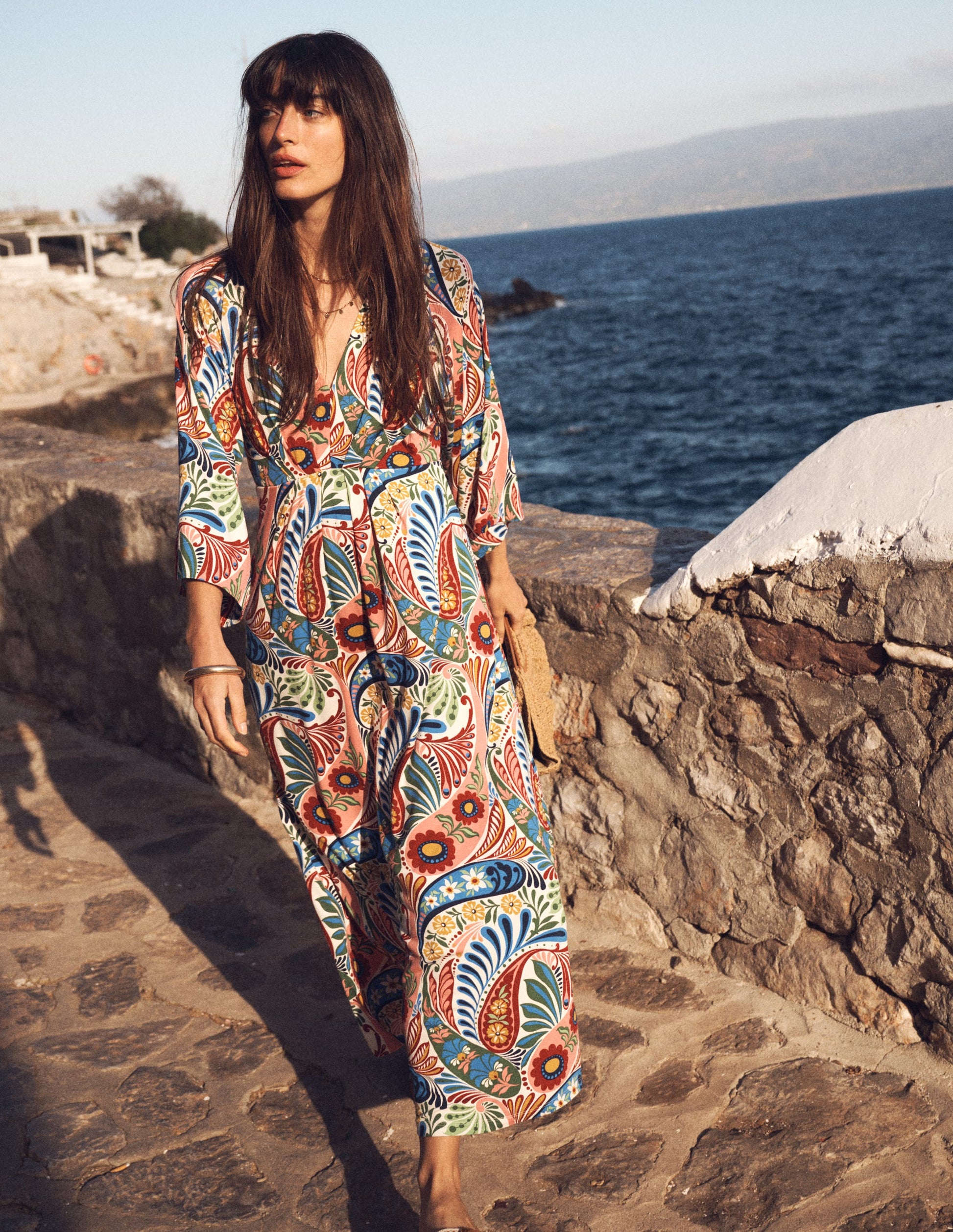 kimono with midi dress Hope & Ivy tie waist kimono inspired wrap midi dress in blue scenic print