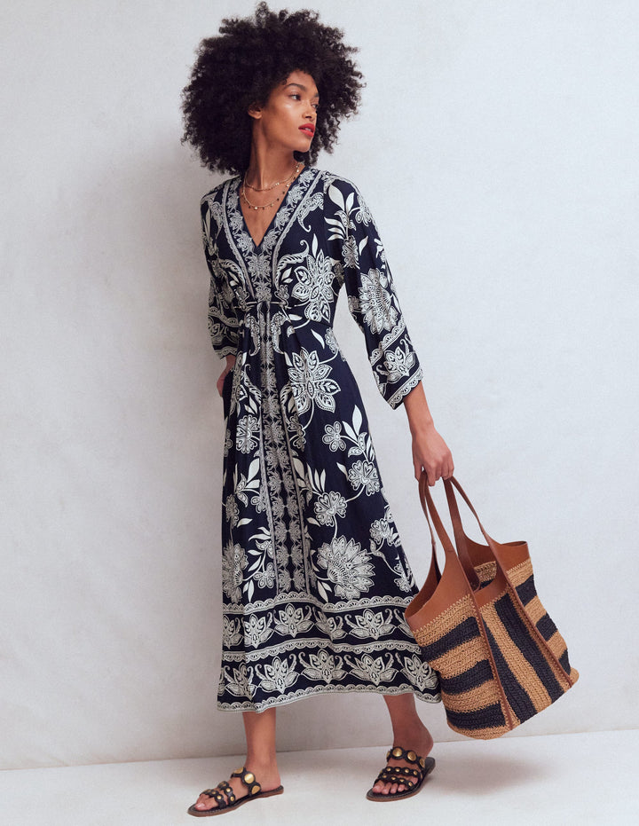Nell Kimono Midi Jersey Dress-Navy, Elegant Blossom