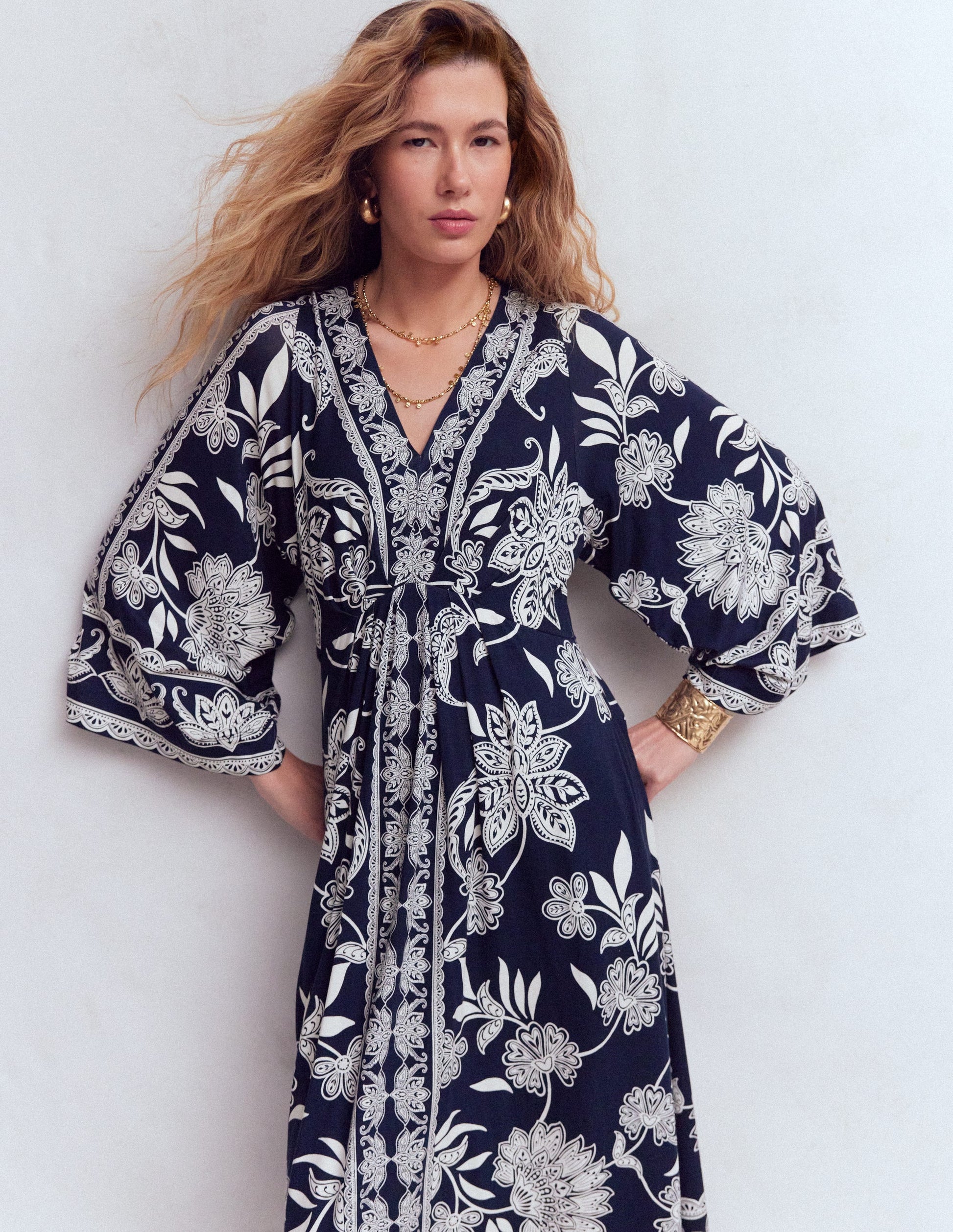 Nell Kimono Midi Jersey Dress-Navy, Elegant Blossom-6